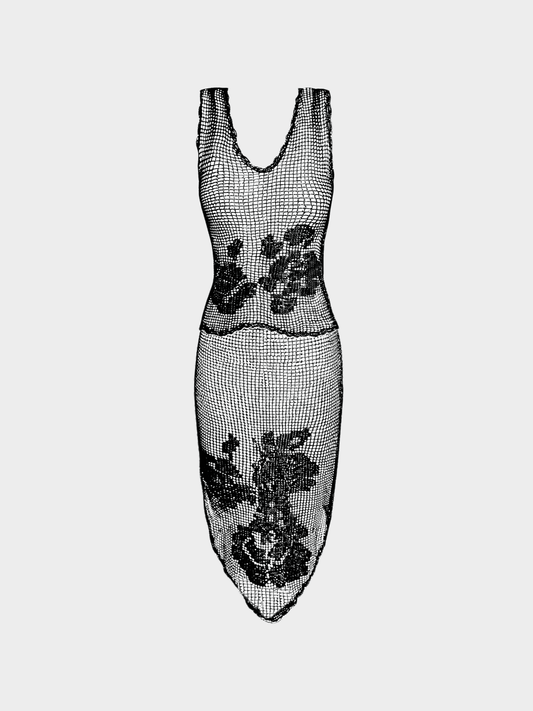 Dolce and Gabbana FW 1997 Black Filet Crochet Top and Skirt Set
