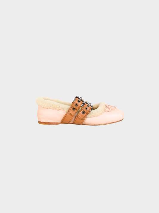 Miu Miu 2017 Pink Bow Shearling-Lined Leather Ballerina Flats
