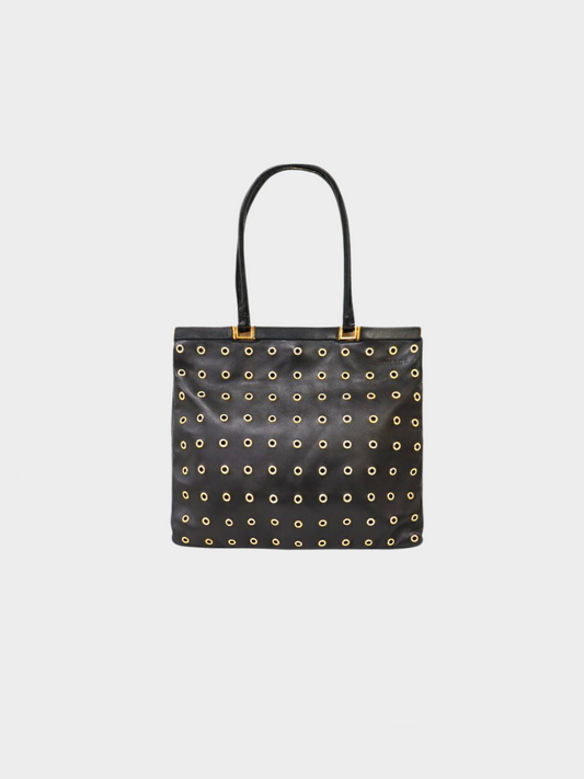 Prada 2000s Black Leather Grommet Tote Bag