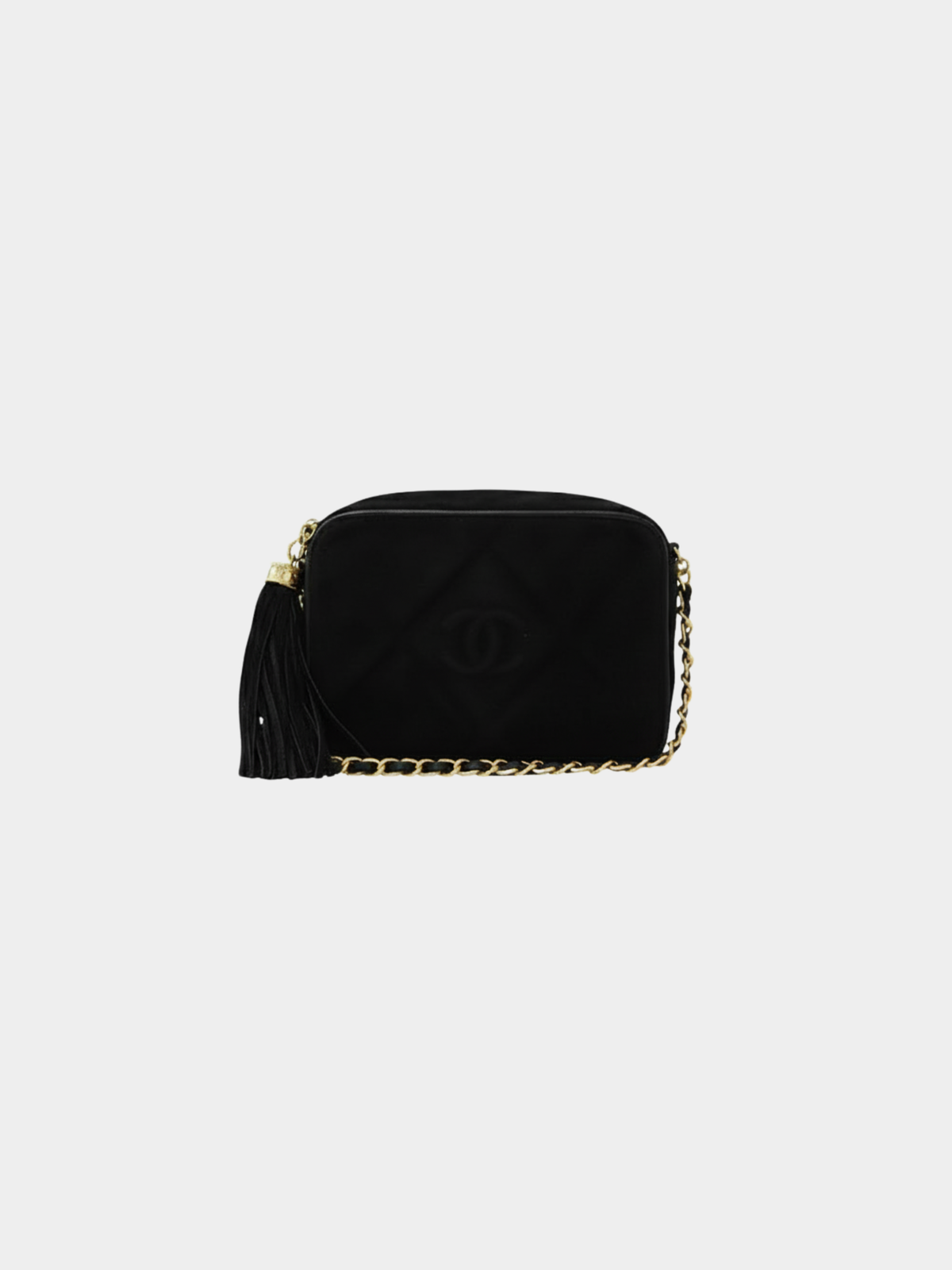 Chanel 1980s Black Suede Lambskin Matelassé Chain Shoulder Bag with Tassel