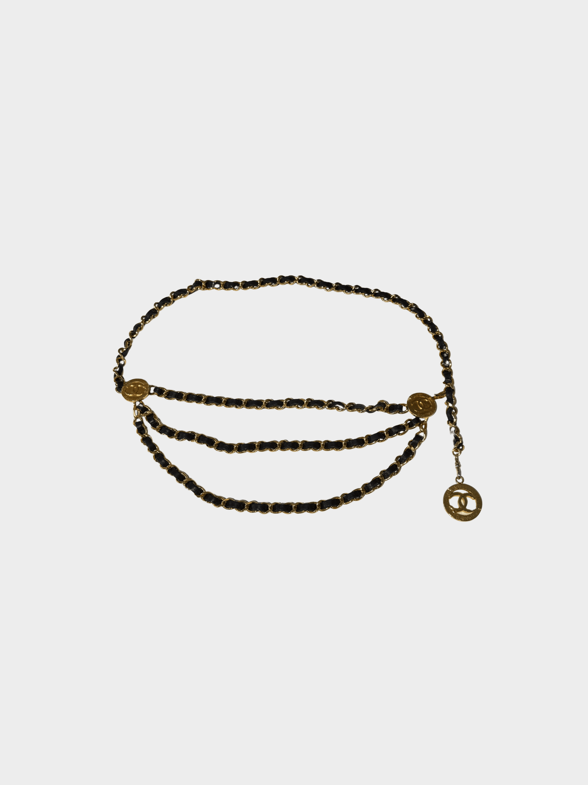 Chanel 1990s Multi Strand Black Lambskin Leather and Gold Chain Belt