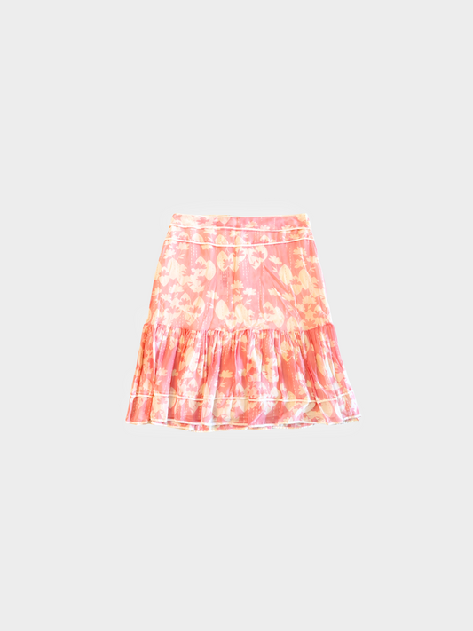 Blumarine 2000s Pink Silk Floral Print Tiered Skirt