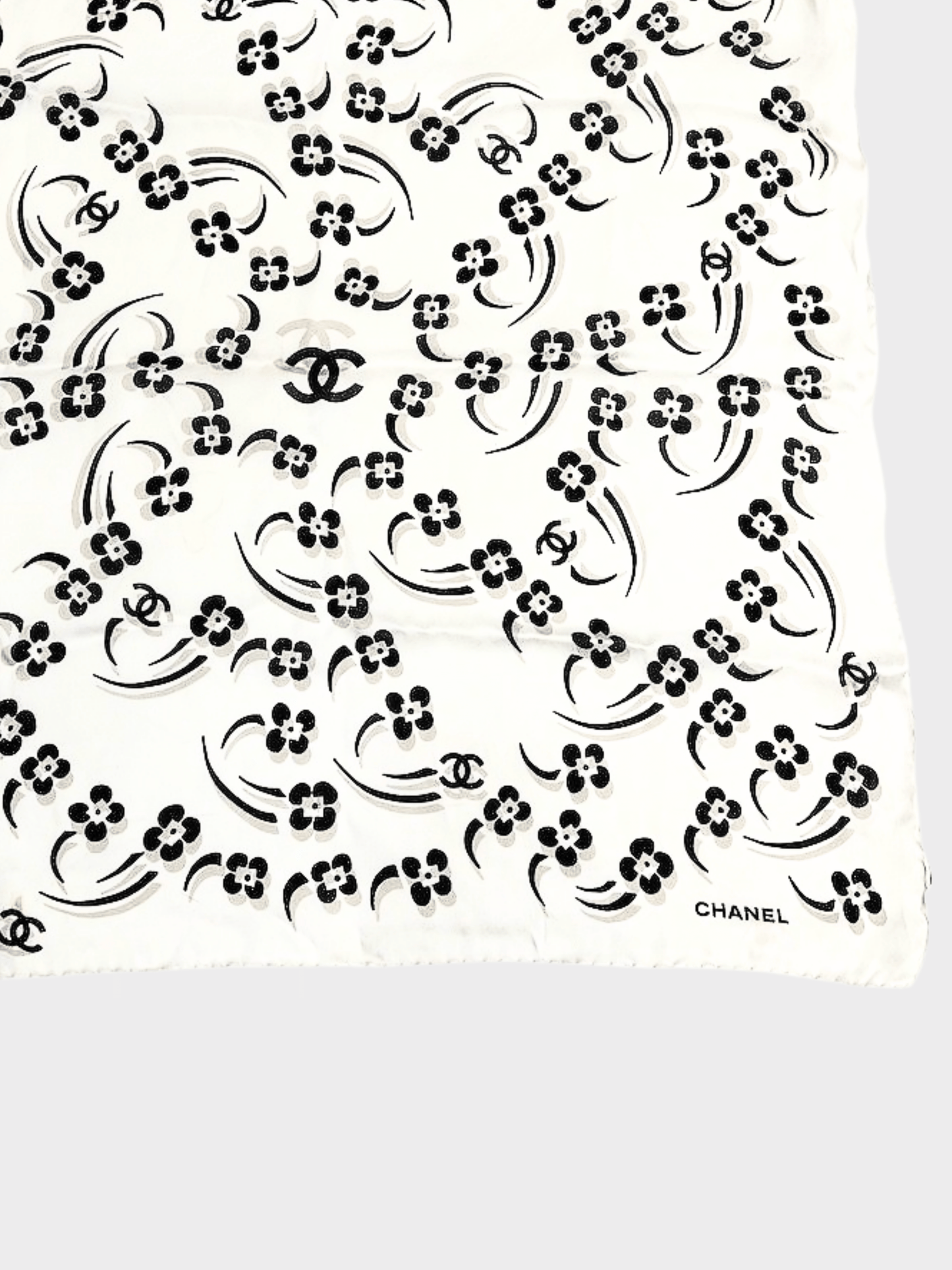 Chanel 2000s Beige Floral Print CC Silk Scarf
