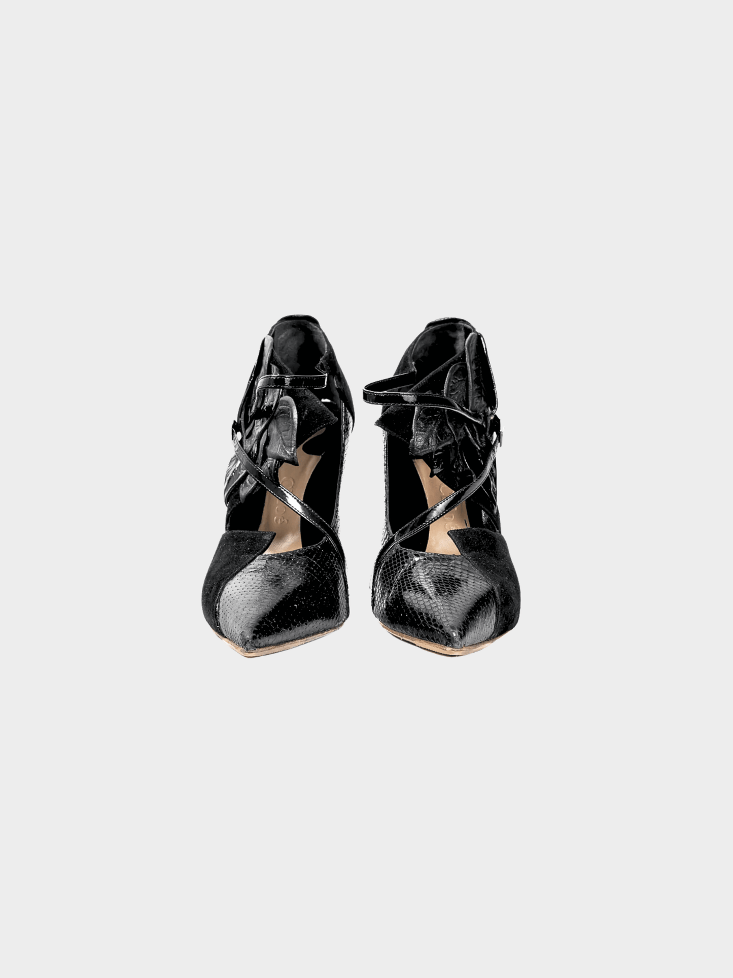 Chloe AW 2008 Runway Black Snake-Embossed, Suede & Leaf-Applique Heels