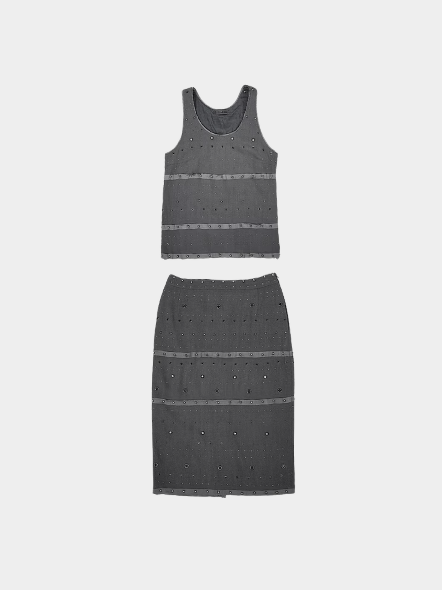 Prada FW 1999 Grey Studded Sleeveless Top and Skirt Set