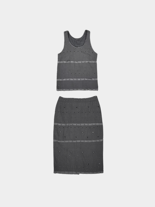 Prada FW 1999 Grey Studded Sleeveless Top and Skirt Set