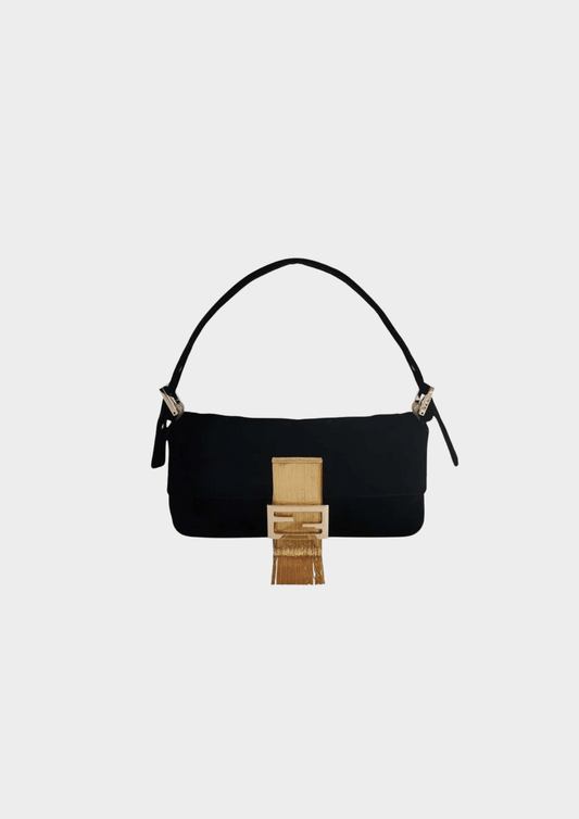 Fendi Baguette 2000s Rare Black Velvet with Gold Metal Tassles