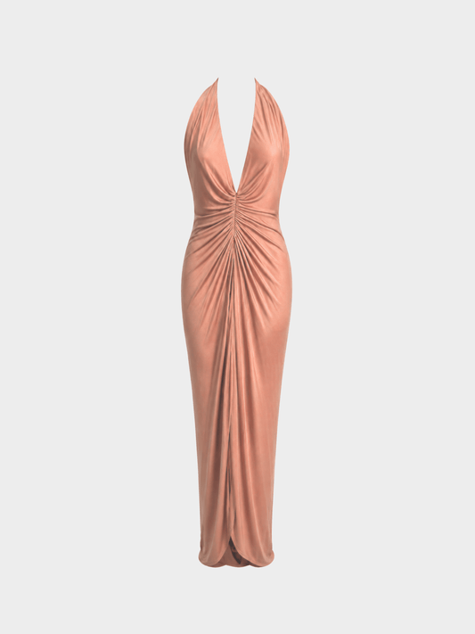 Versace SS 2005 Runway Peachy Brown Plunging Open Back Evening Dress