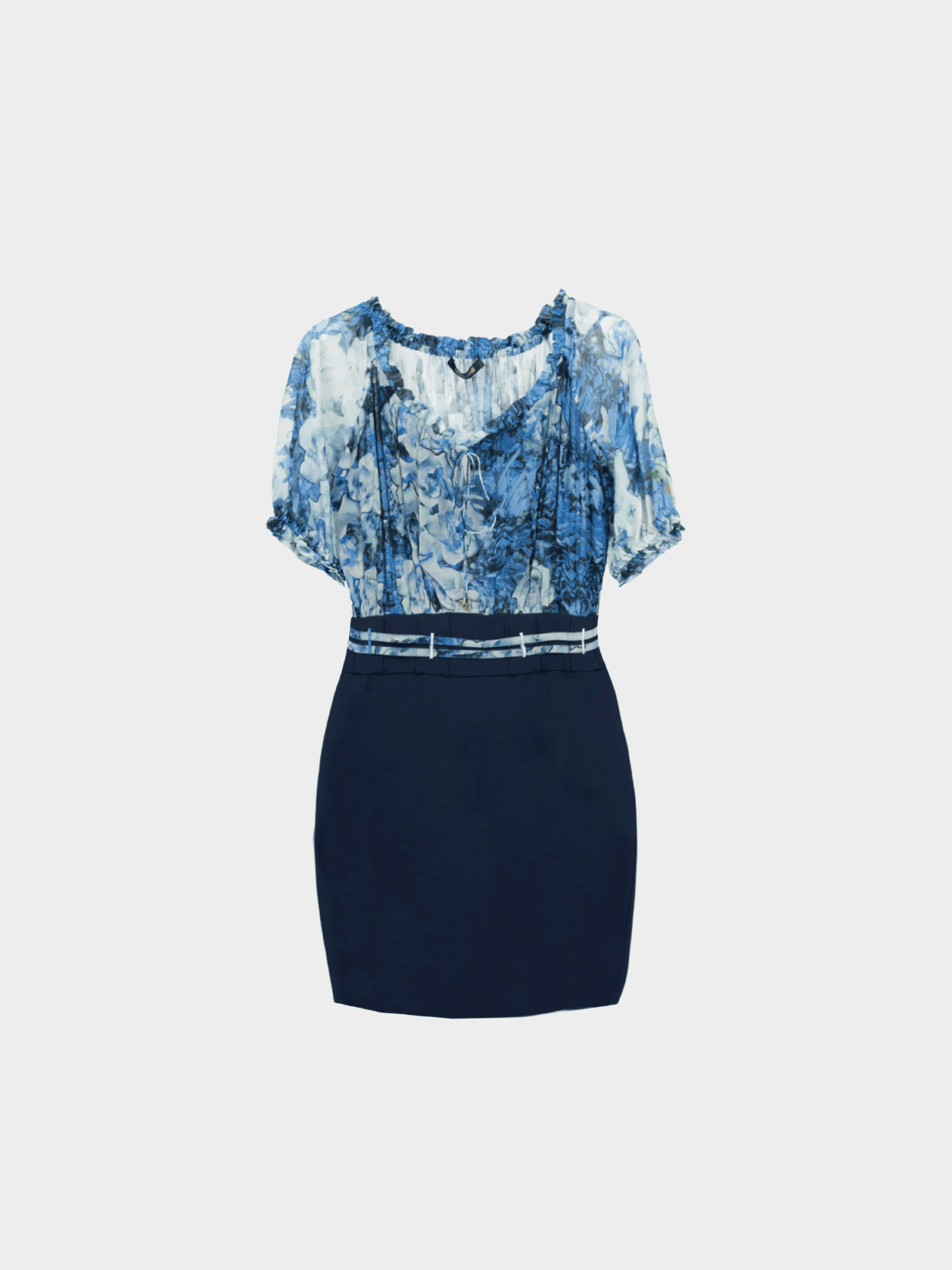 Roberto Cavalli 2011 Blue and Navy Floral-Silk Combo Mini Dress