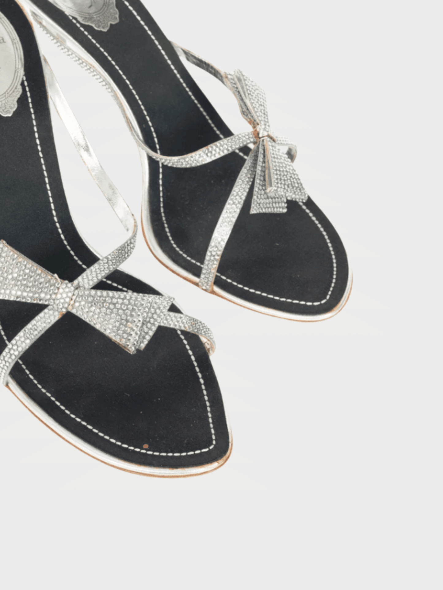 René Caovilla 2000s Silver Rhinestone Bow Mule Sandals