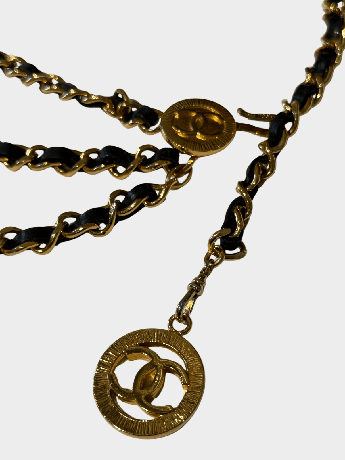 Chanel 1990s Multi Strand Black Lambskin Leather and Gold Chain Belt