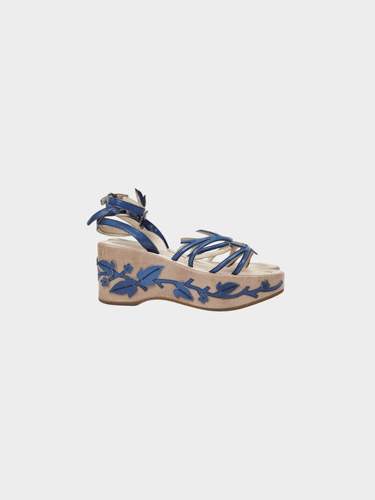 Prada SS 1997 Beige and Navy Vine Leaf Platform Sandals