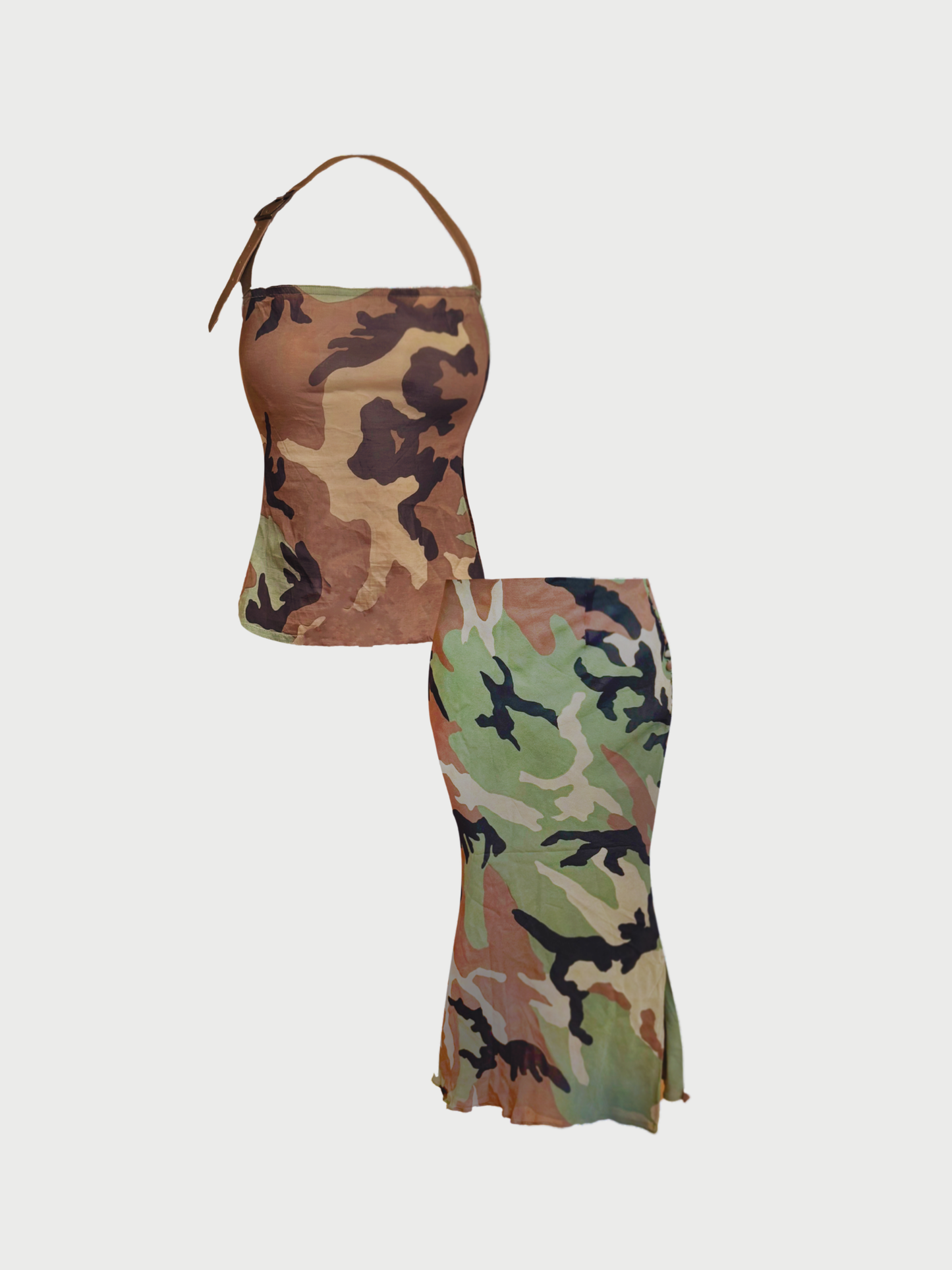 Christian Dior 2000s Green Camouflage Silk Two-Piece Set