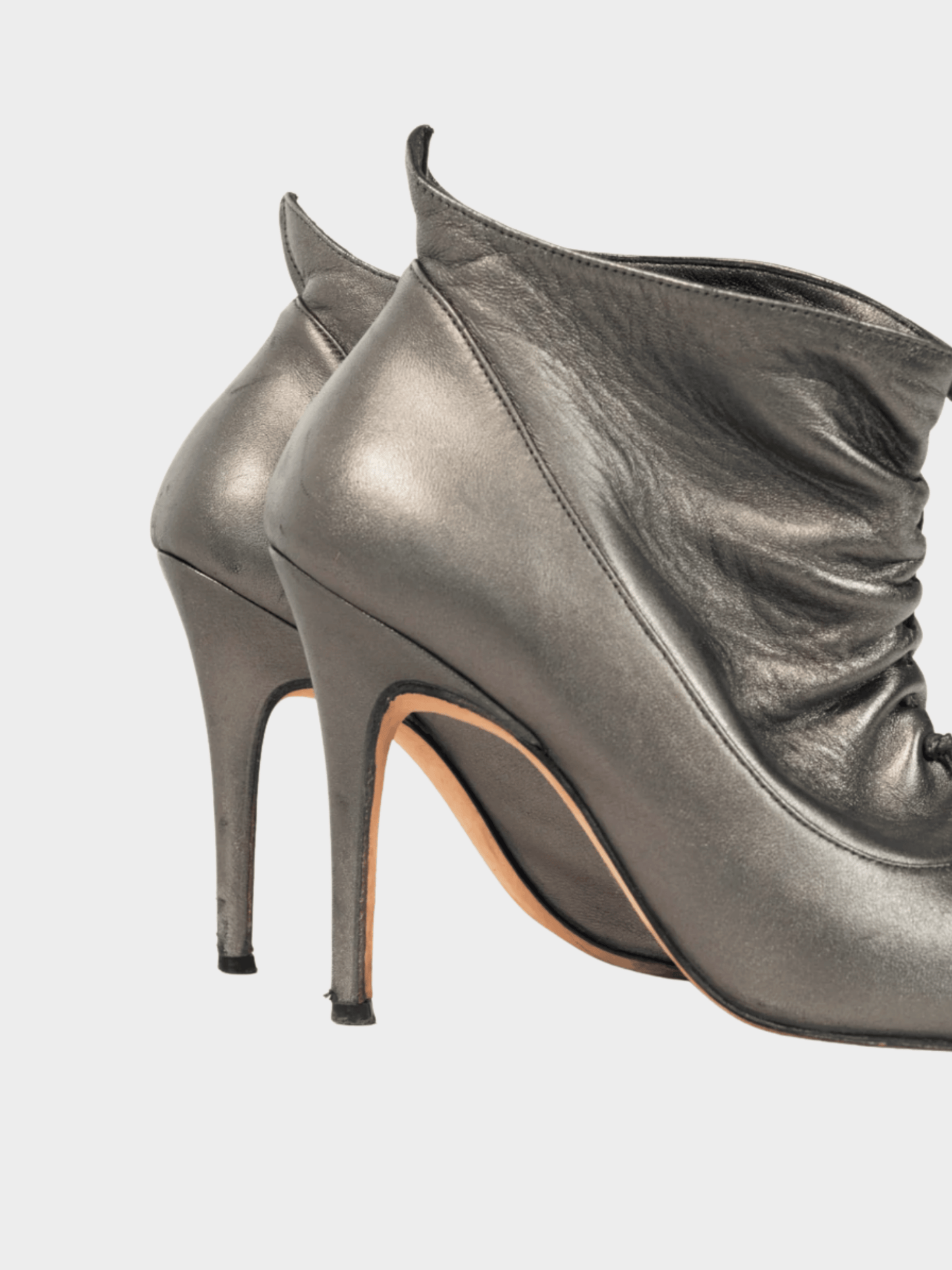 Manolo Blahnik 2010s Repiroz Anthracite Nappa Silk Ruched Peep-Toe Booties