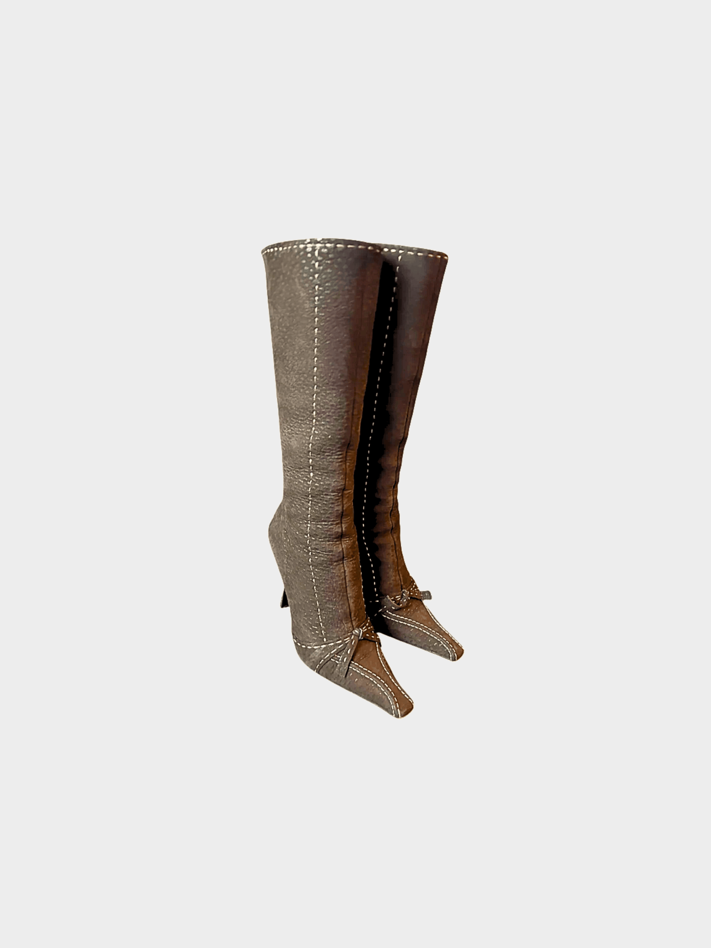 Prada 2000s Chocolate Brown Ostrich Leather Contrast Stitch Knee High Boots