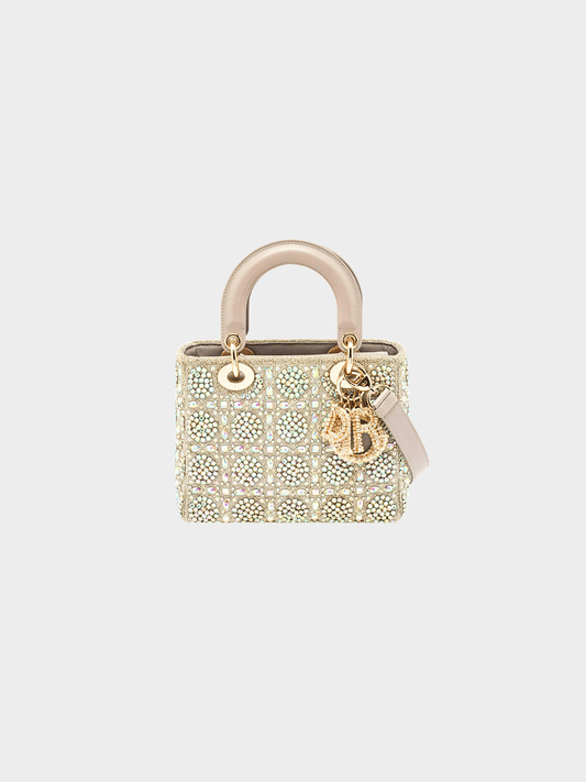 Christian Dior 2021 Light Grey Leather and Satin Crystal Embellished Cannage Small Lady Dior Tote