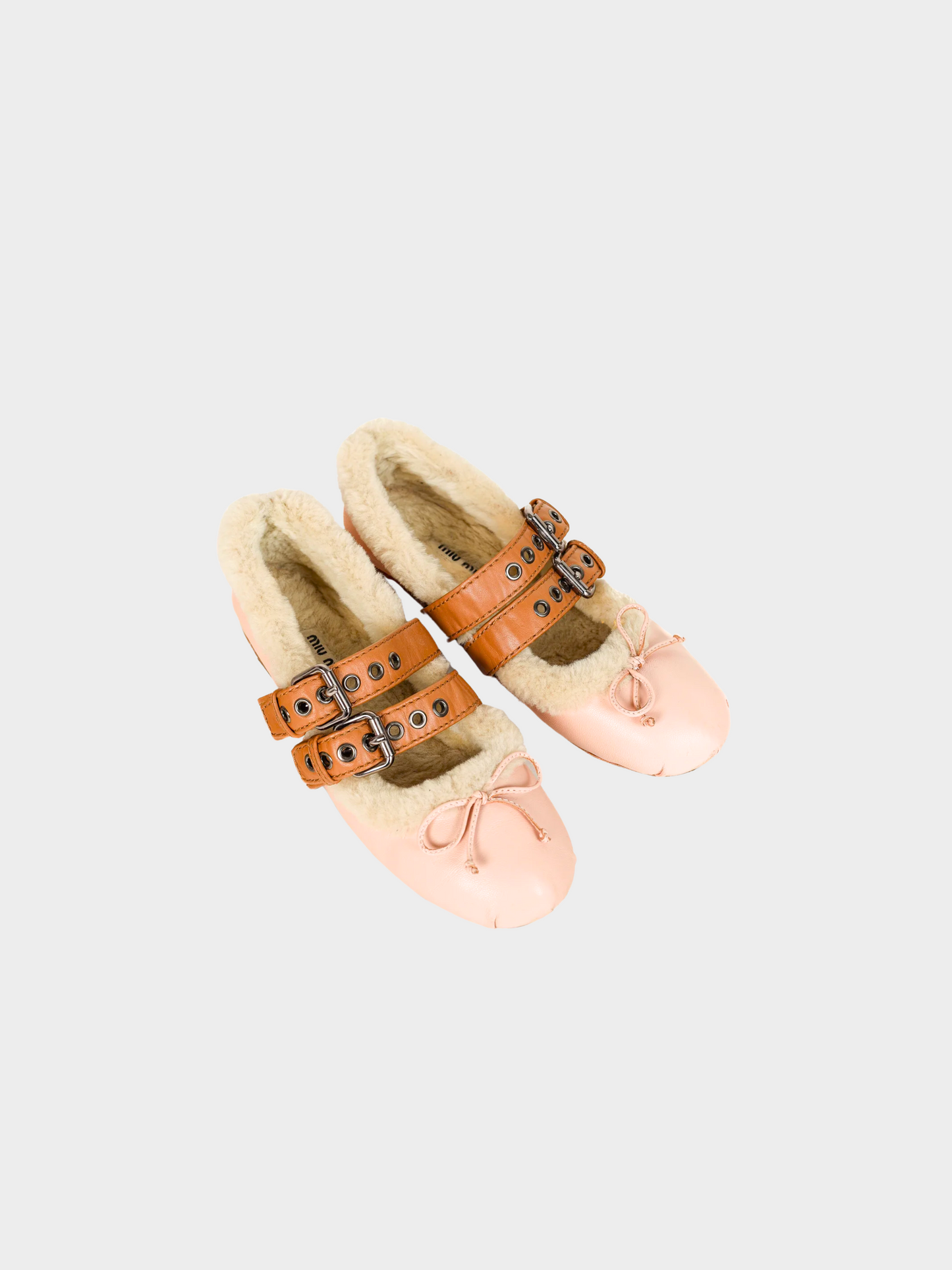 Miu Miu 2017 Pink Bow Shearling-Lined Leather Ballerina Flats