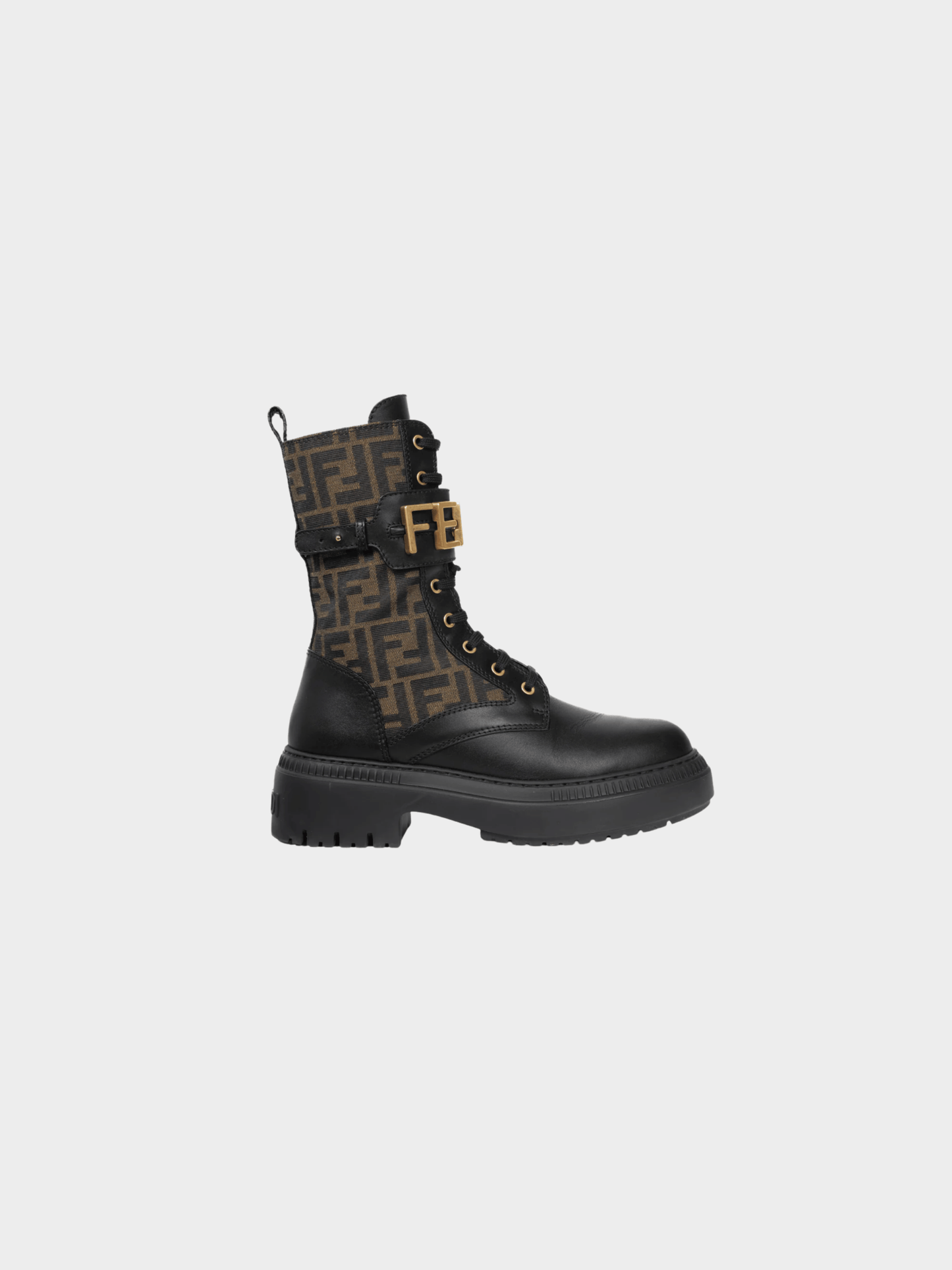 Fendi 2020s Fendigraphy Black Leather and Brown FF Pattern Combat Boots