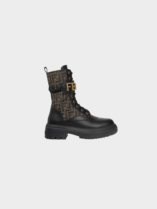 Fendi 2020s Fendigraphy Black Leather and Brown FF Pattern Combat Boots