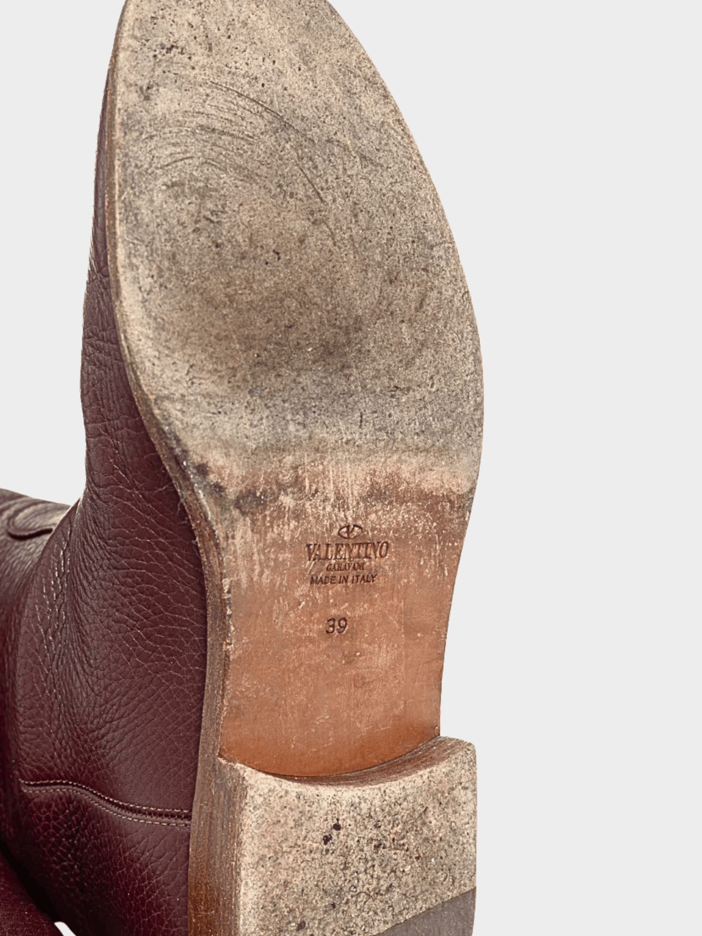 Valentino Garavani 2010s Burgundy Pebbled-Leather Rockstud-Buckle Riding Boots