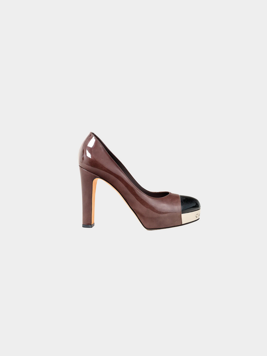 Chanel 2000s Brown Patent Leather Mirror Platform Pumps