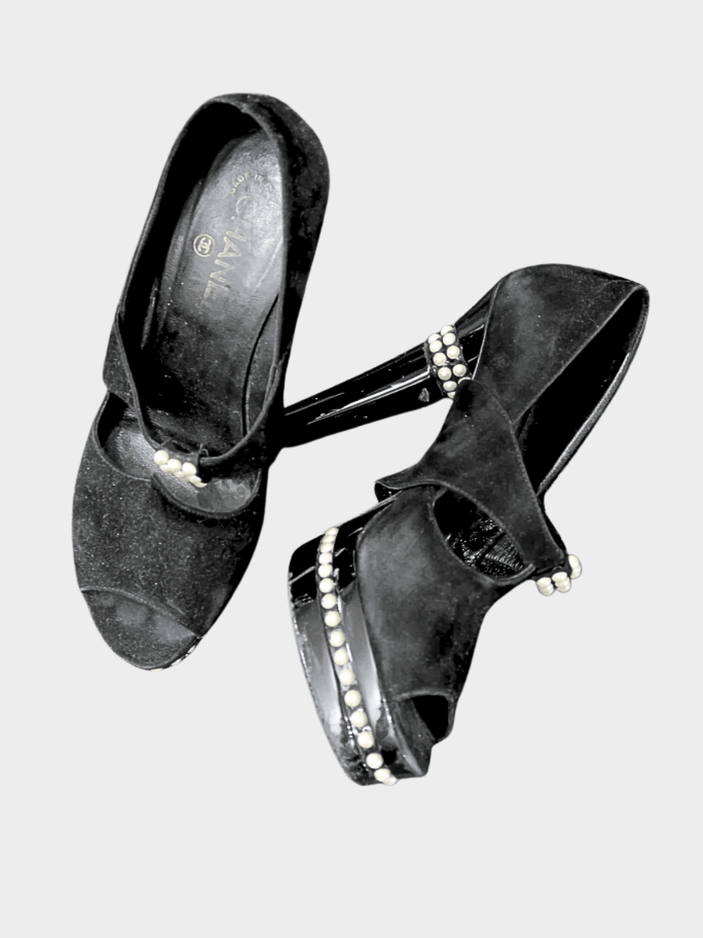 Chanel 2009 Black Suede Open Toe Faux Pearl Pumps