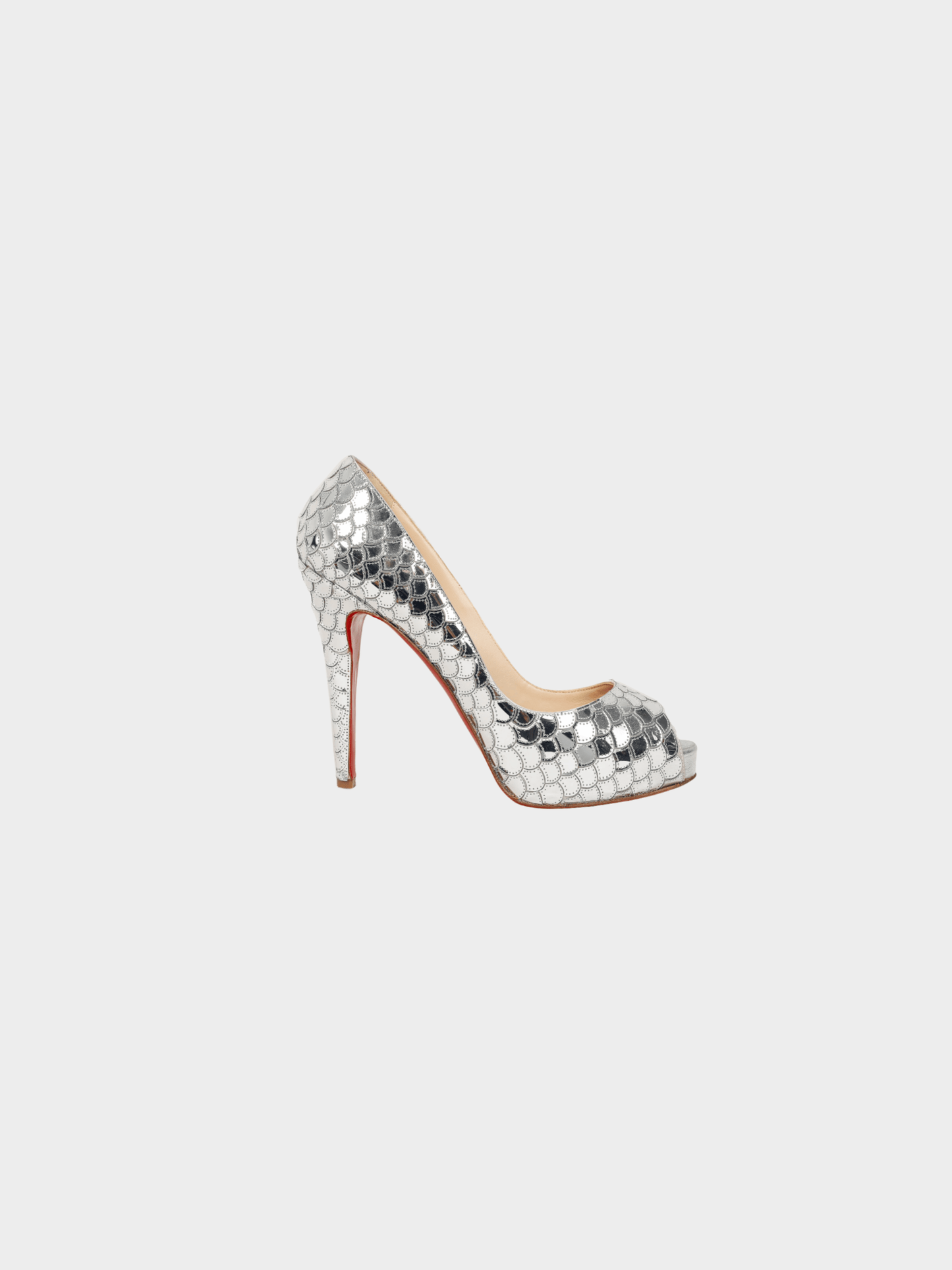 Christian Louboutin 2010s Poseidon 120 Crepe Silver Scale Peep-Toe Platform Pumps