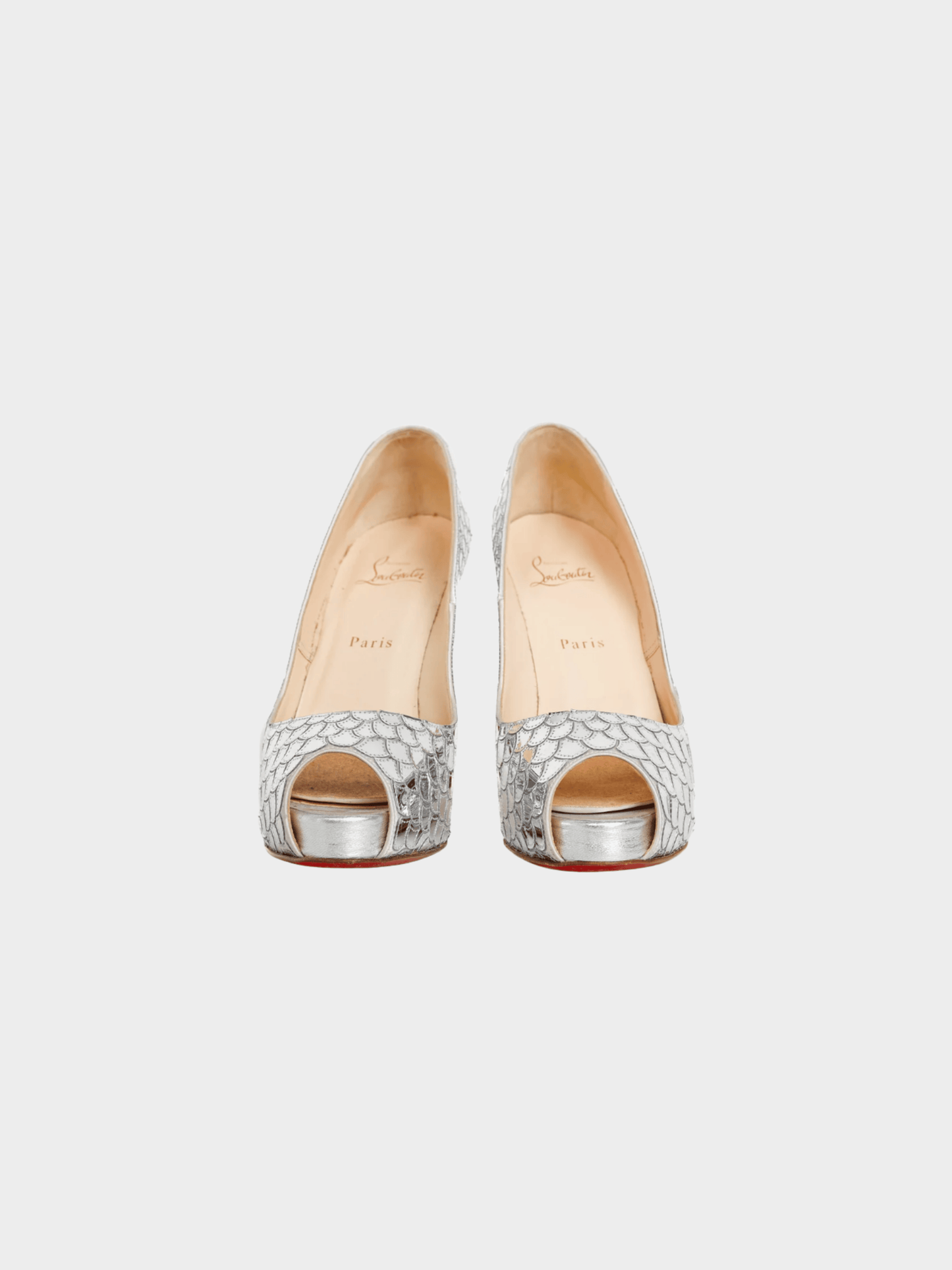 Christian Louboutin 2010s Poseidon 120 Crepe Silver Scale Peep-Toe Platform Pumps