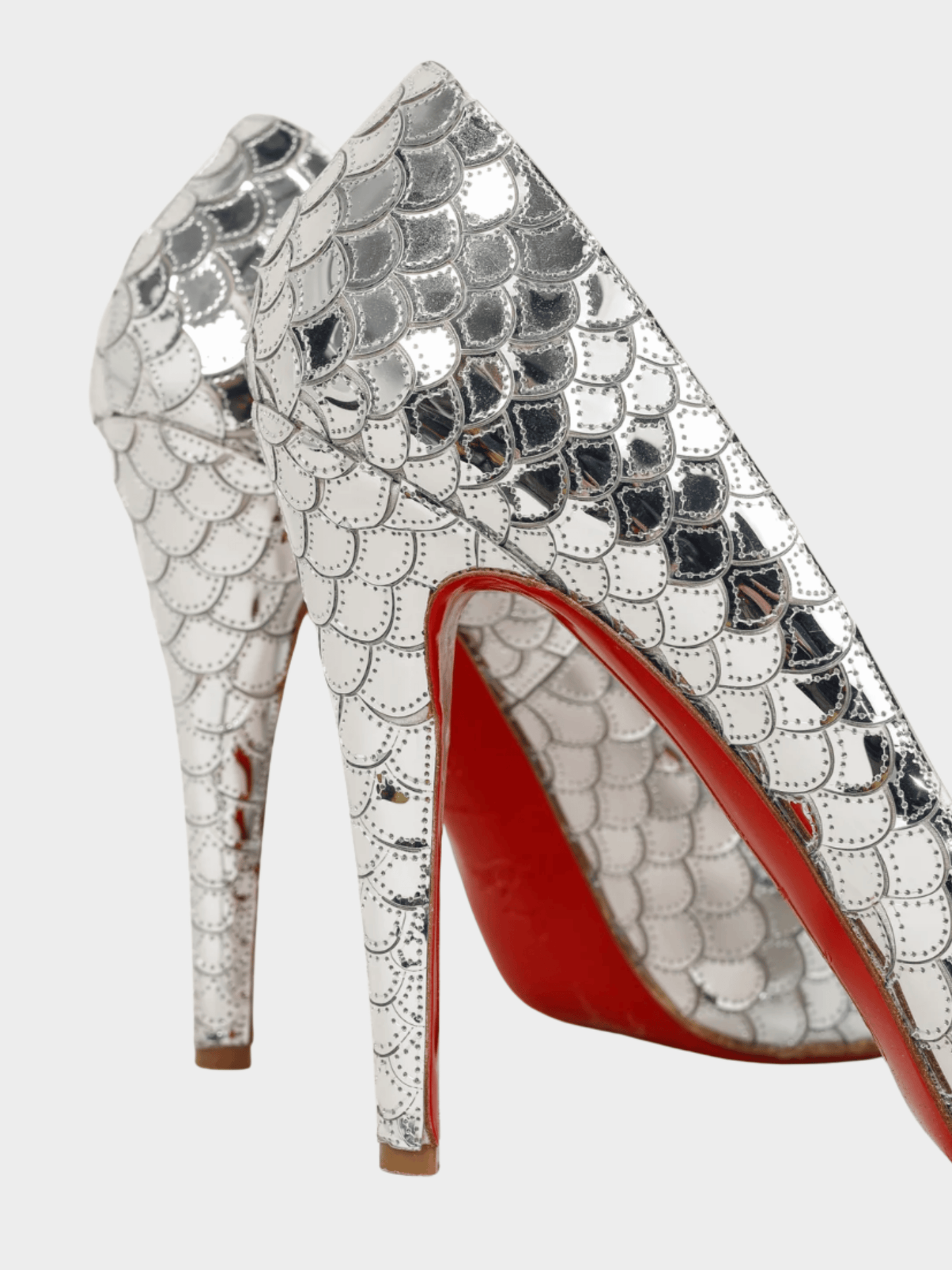 Christian Louboutin 2010s Poseidon 120 Crepe Silver Scale Peep-Toe Platform Pumps