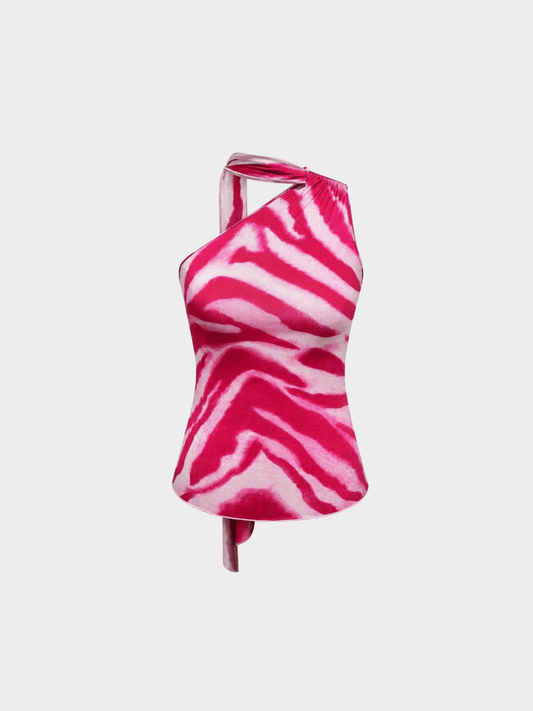 Emanuel Ungaro SS 2001 by Giambattista Valli Runway Pink Asymmetric Zebra Print Halter Top