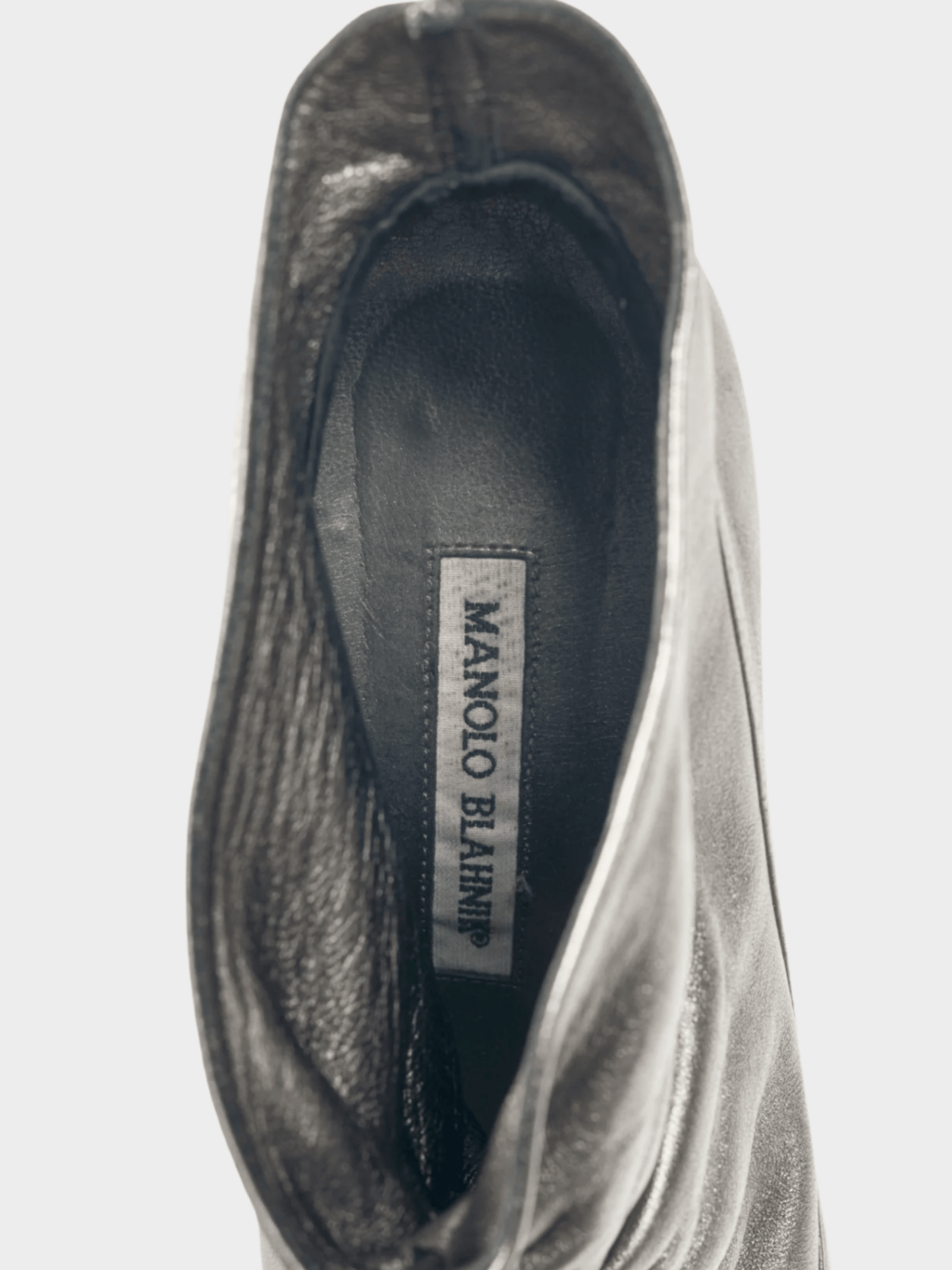 Manolo Blahnik 2010s Repiroz Anthracite Nappa Silk Ruched Peep-Toe Booties