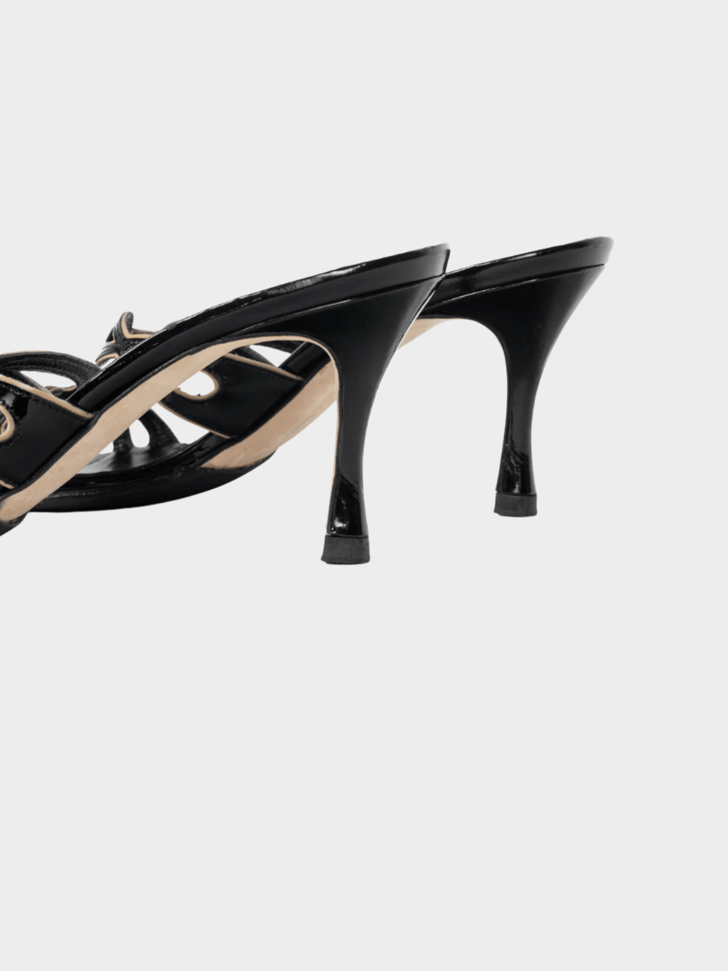 Manolo Blahnik 2000s Black Patent Cutout Piped Mule Sandals