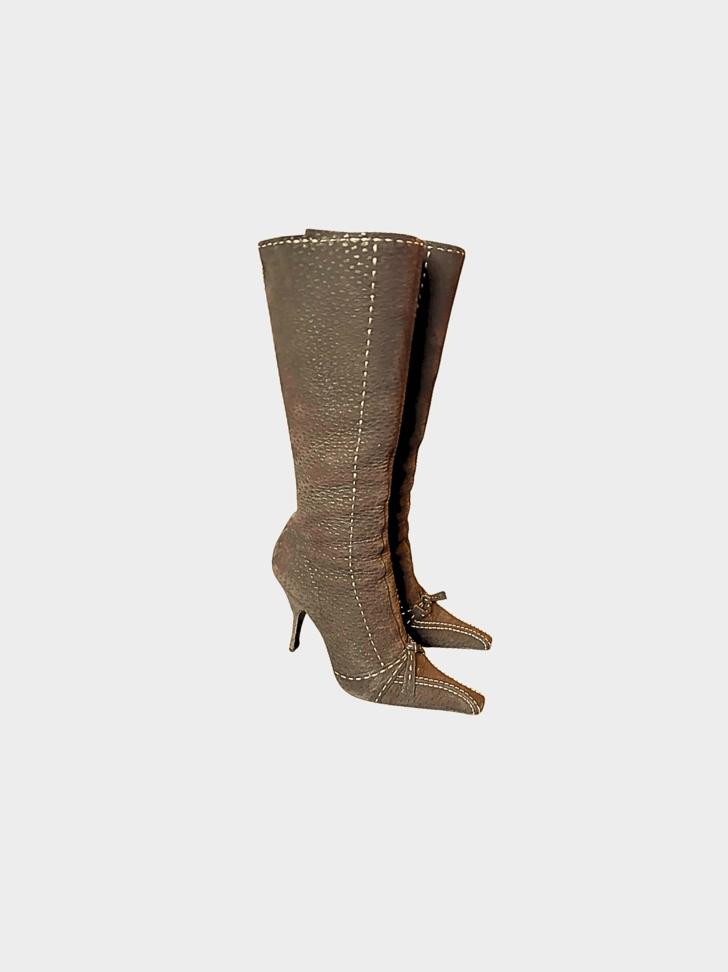Prada 2000s Chocolate Brown Ostrich Leather Contrast Stitch Knee High Boots