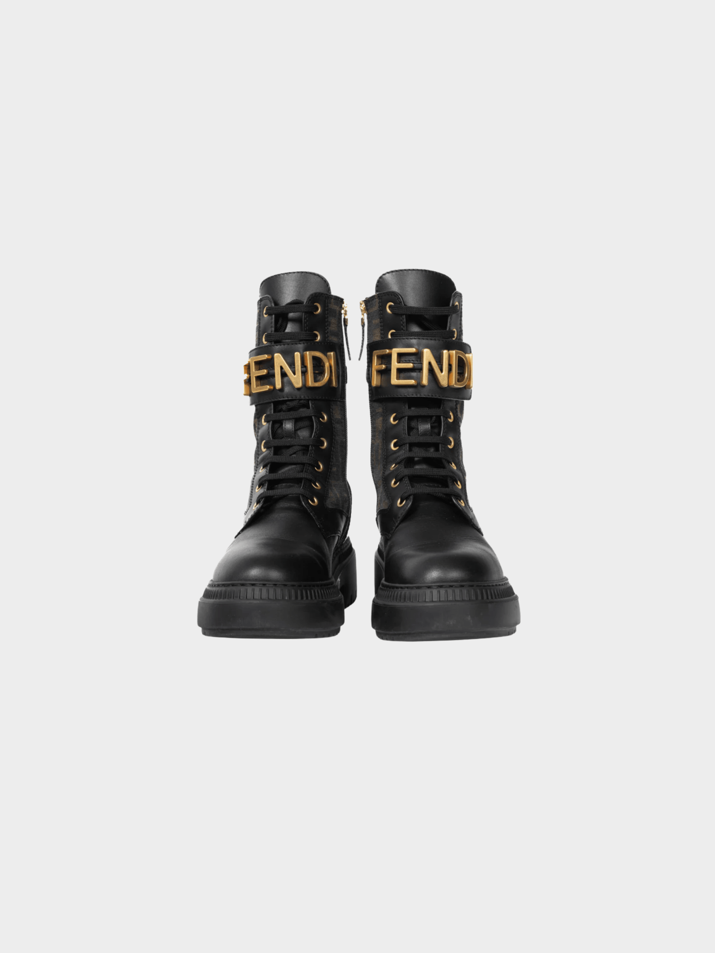 Fendi 2020s Fendigraphy Black Leather and Brown FF Pattern Combat Boots