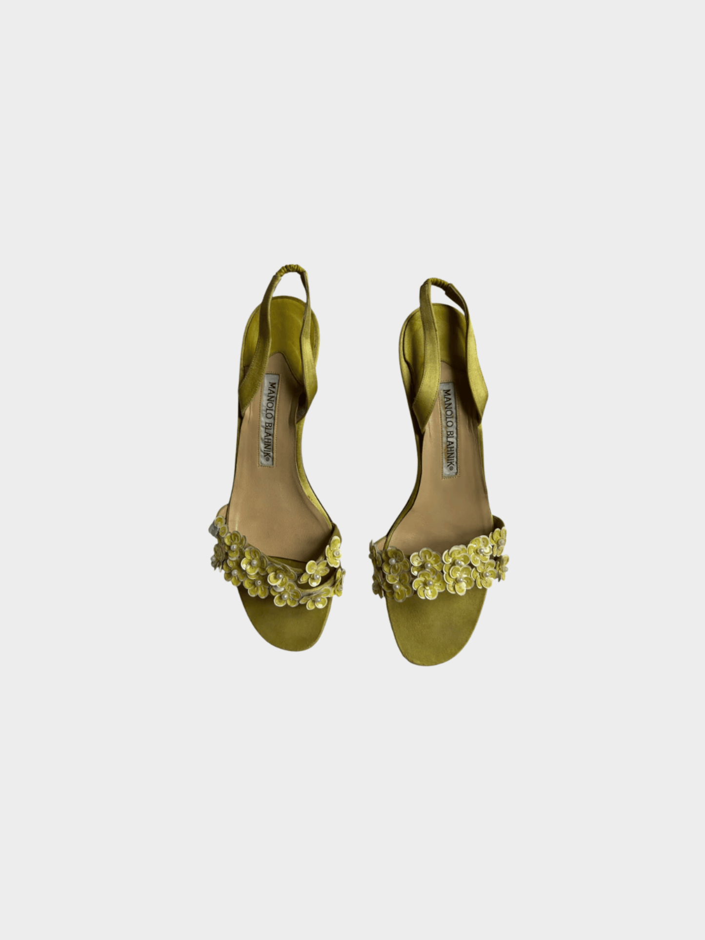 Manolo Blahnik 2000s Satin Lime Floral Slingback Heels