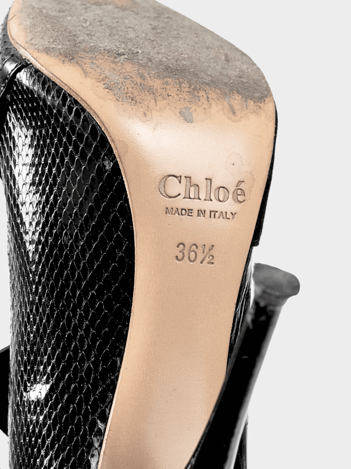 Chloe AW 2008 Runway Black Snake-Embossed, Suede & Leaf-Applique Heels
