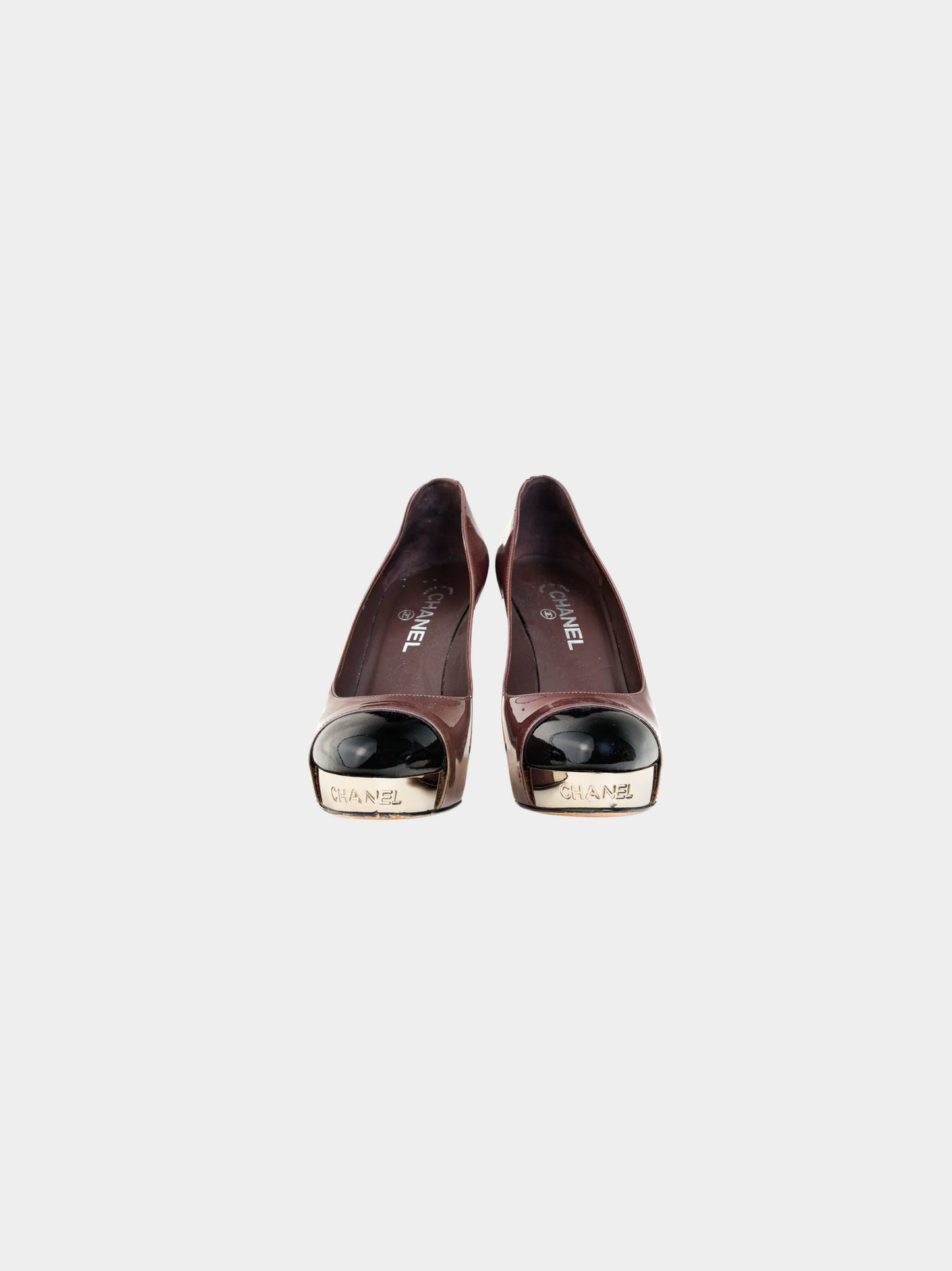 Chanel 2000s Brown Patent Leather Mirror Platform Pumps