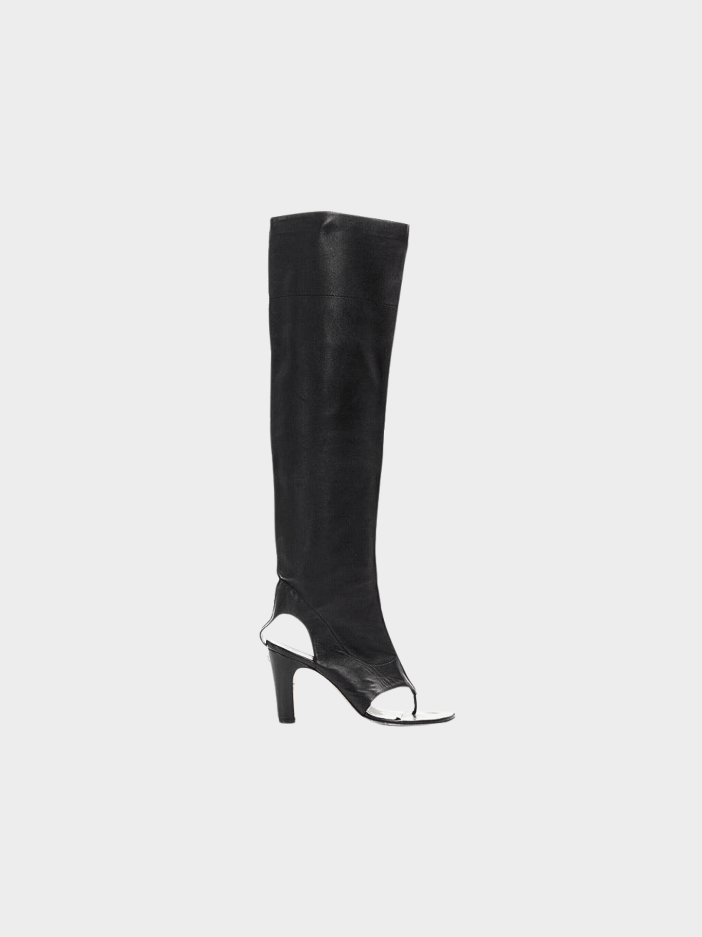 Chanel 2012 Runway Black Leather Knee High Thong Strap Boots
