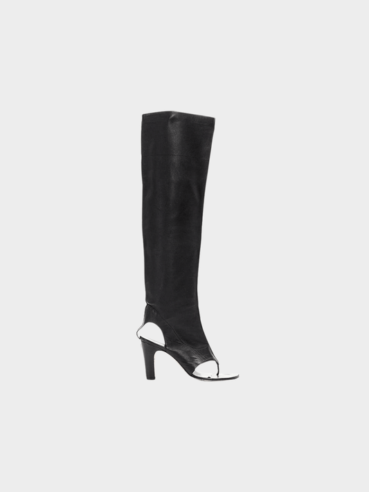 Chanel 2012 Runway Black Leather Knee High Thong Strap Boots
