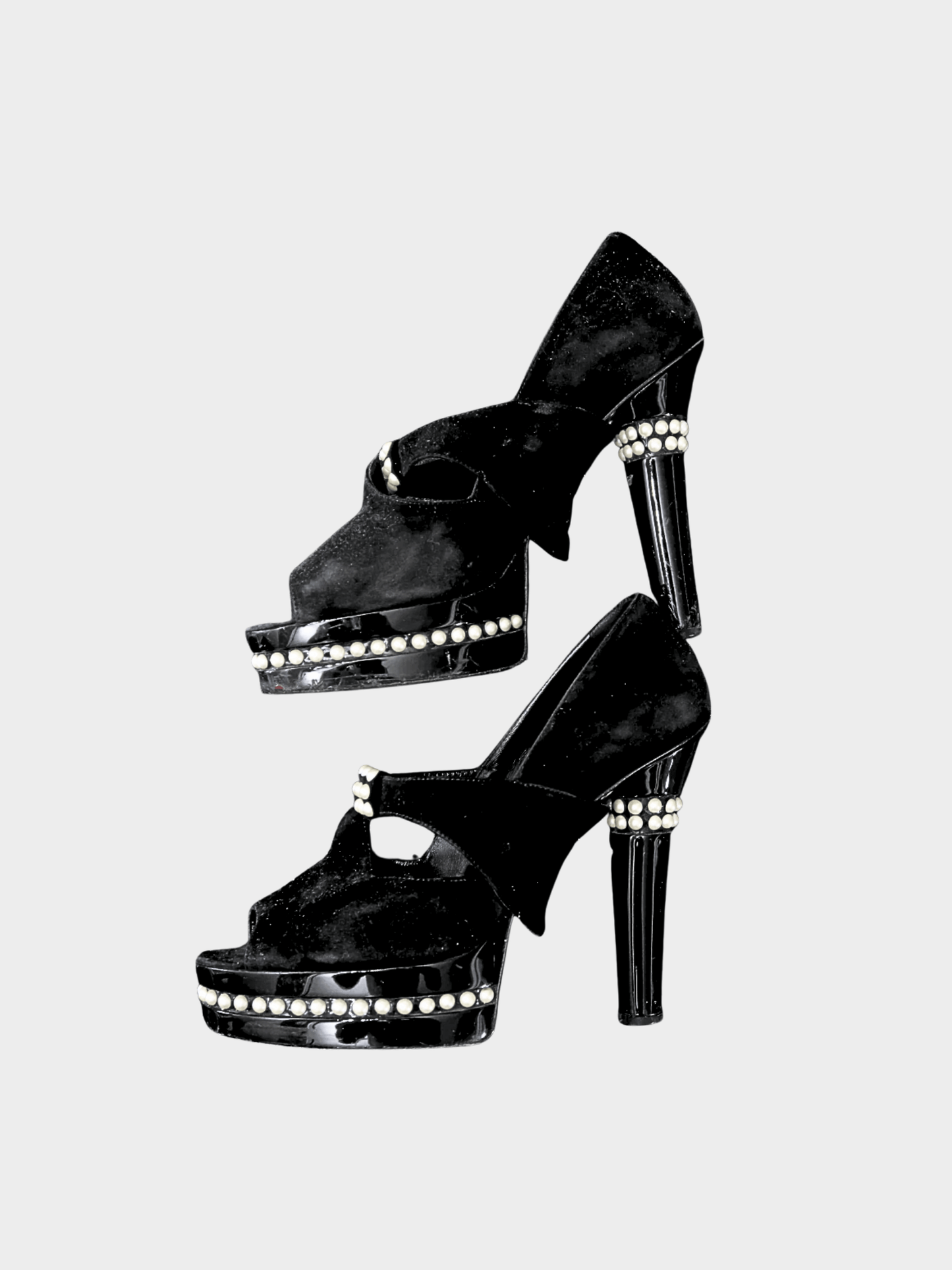 Chanel 2009 Black Suede Open Toe Faux Pearl Pumps