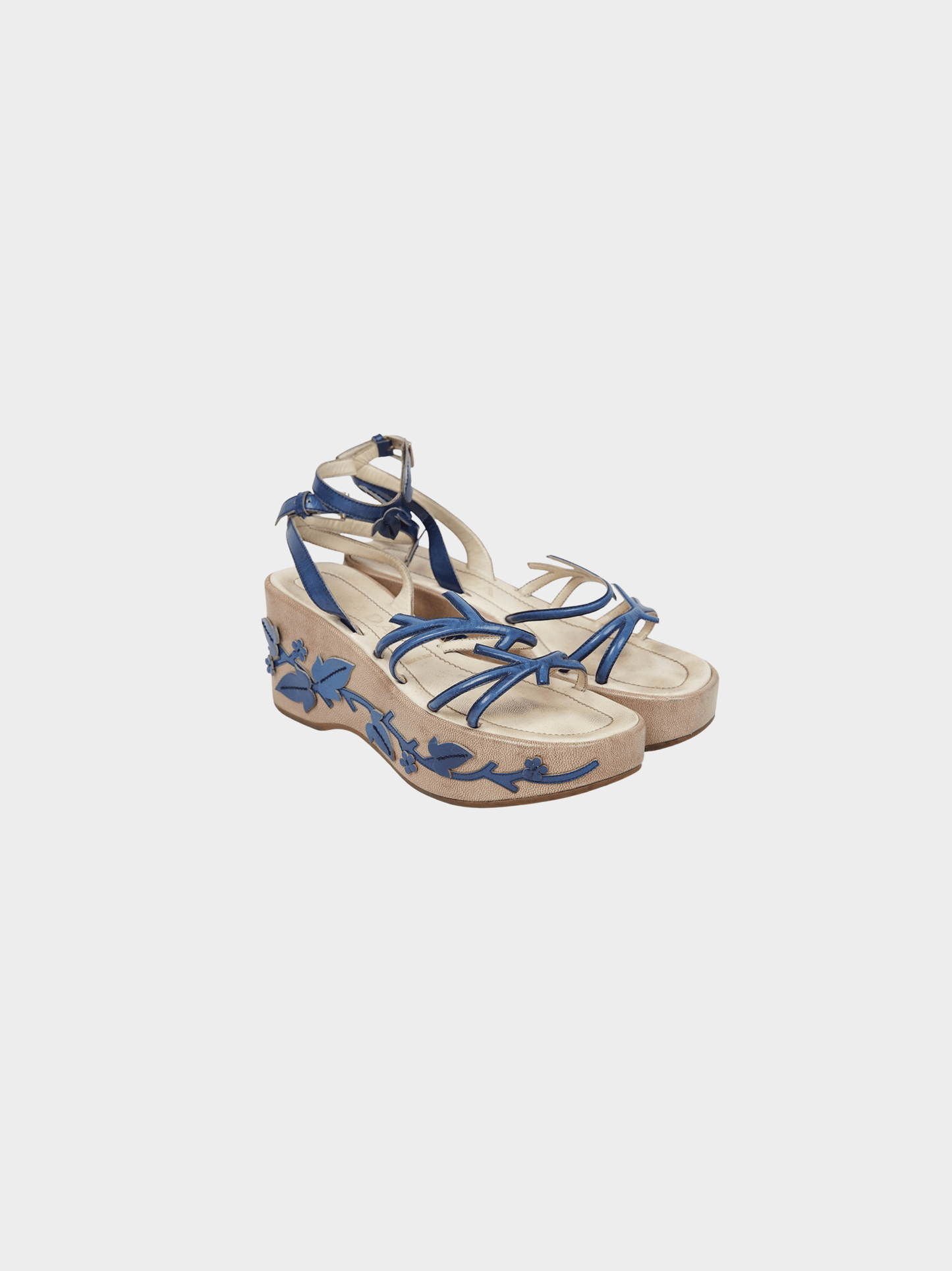 Prada SS 1997 Beige and Navy Vine Leaf Platform Sandals