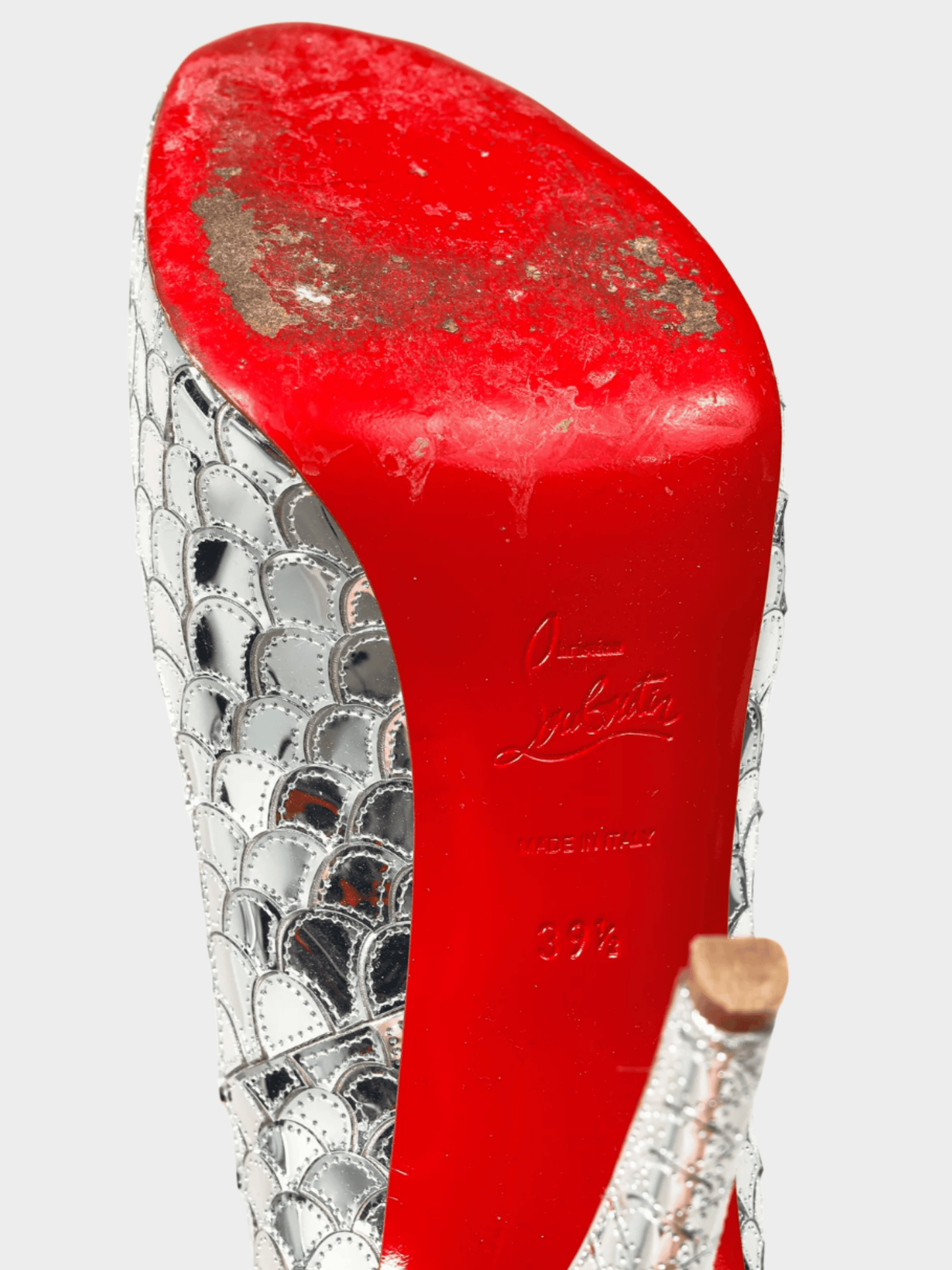 Christian Louboutin 2010s Poseidon 120 Crepe Silver Scale Peep-Toe Platform Pumps
