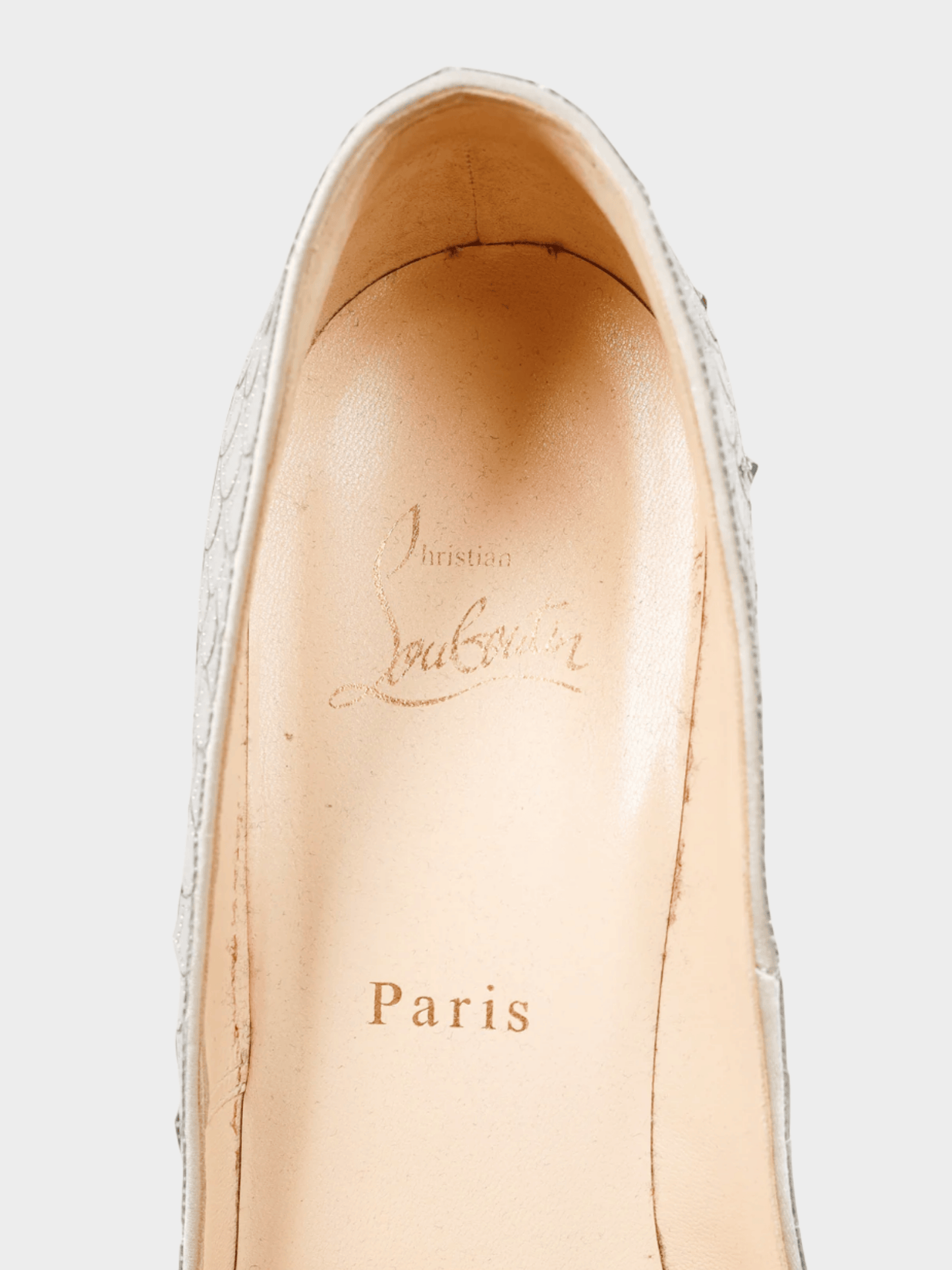 Christian Louboutin 2010s Poseidon 120 Crepe Silver Scale Peep-Toe Platform Pumps