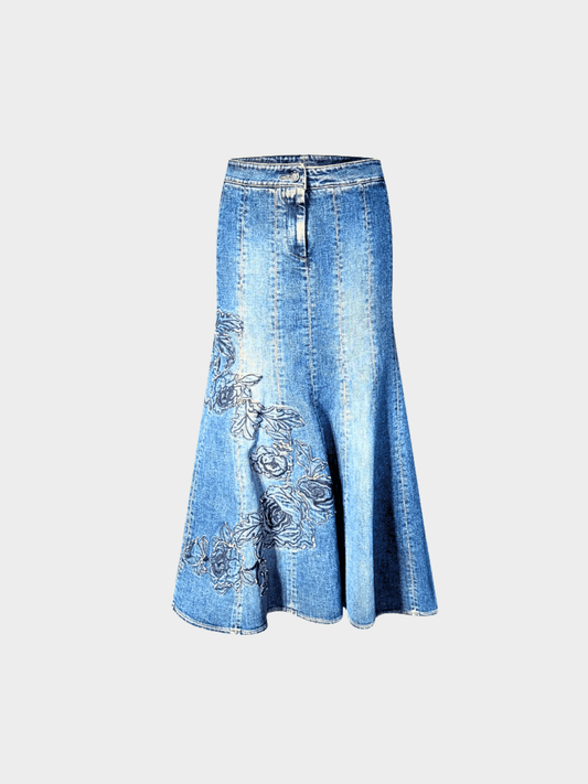 Roberto Cavalli FW 2002 Embroidered Denim Mermaid Skirt