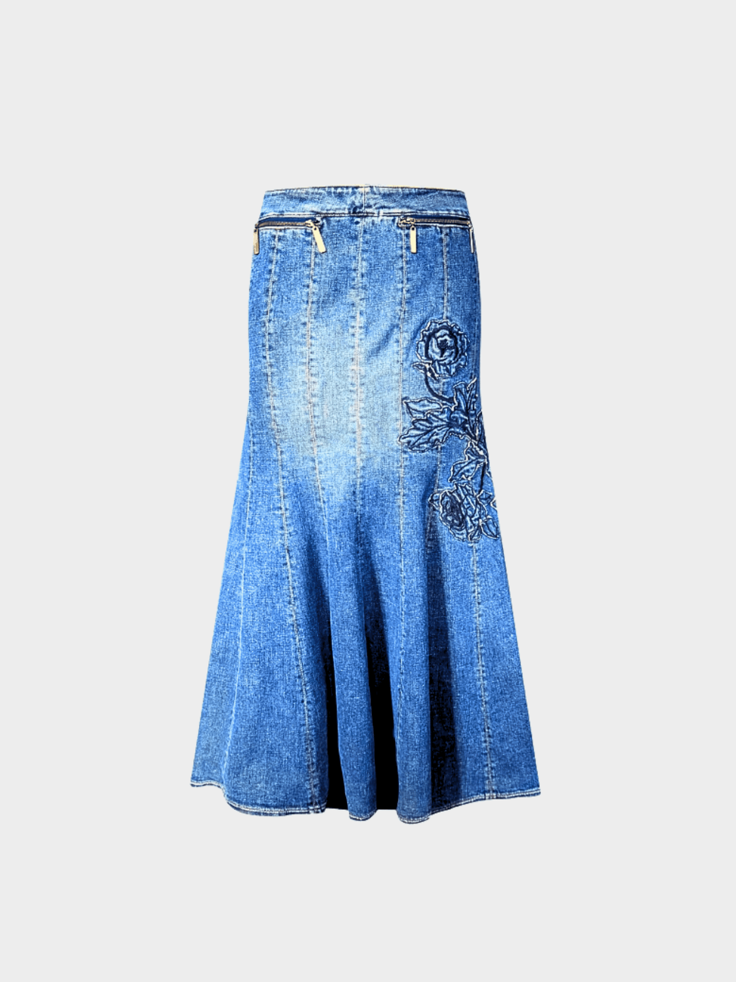 Roberto Cavalli FW 2002 Embroidered Denim Mermaid Skirt