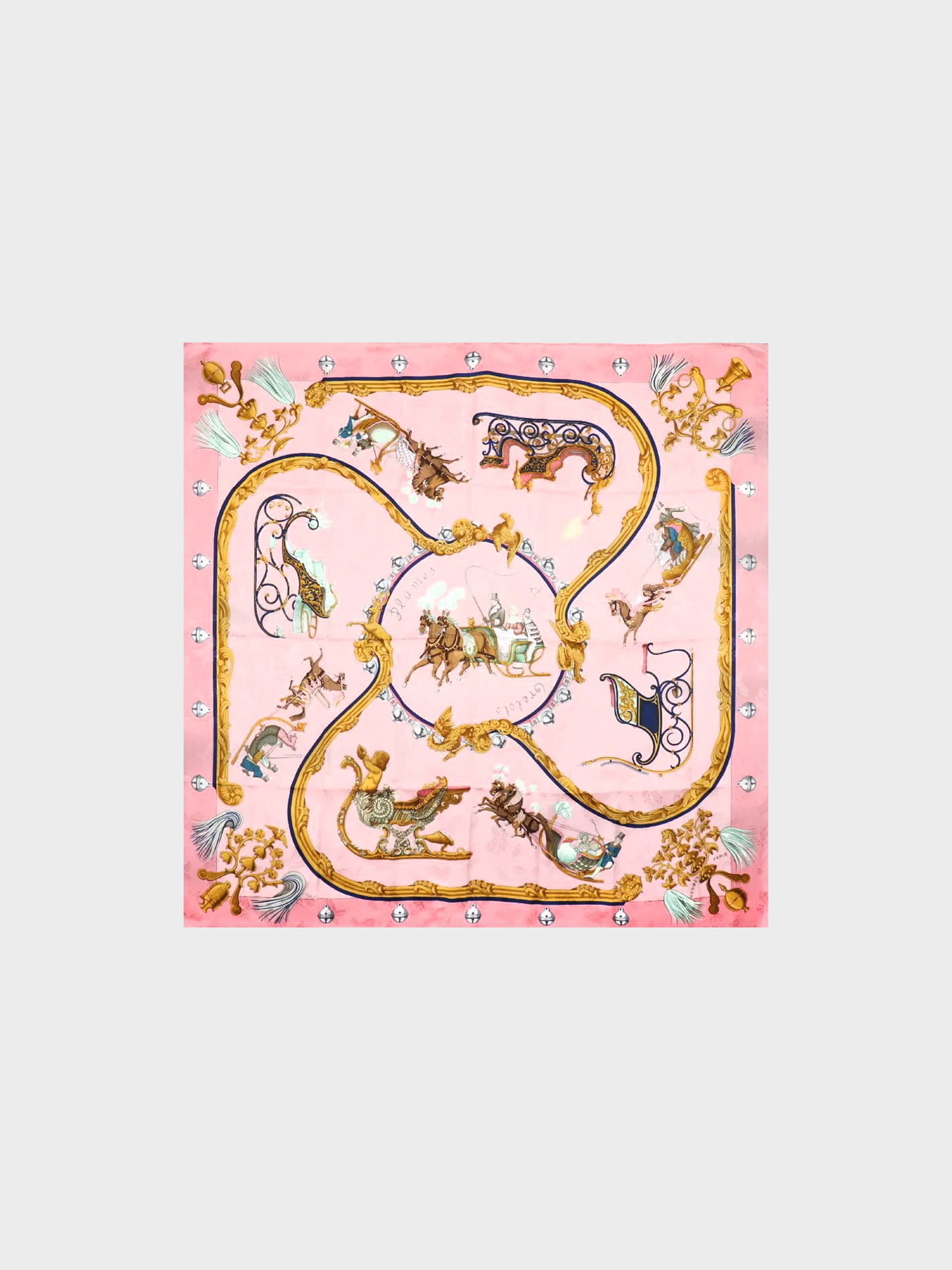Hermès 1995 Plumes at Grelots Carree 90 Pink Scarf
