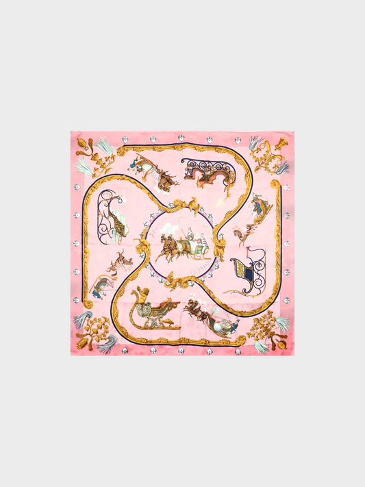 Hermès 1995 Plumes at Grelots Carree 90 Pink Scarf