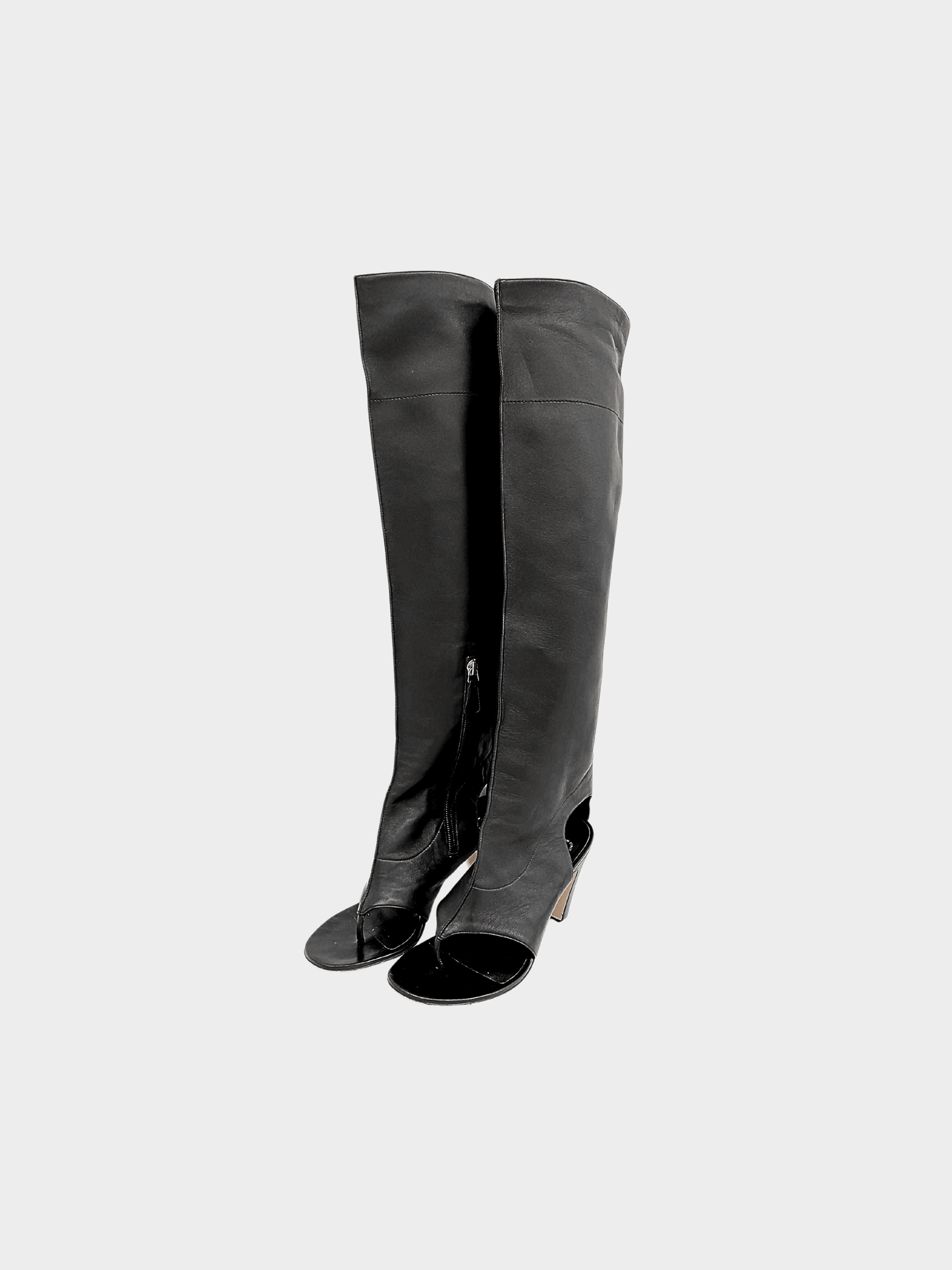 Chanel 2012 Runway Black Leather Knee High Thong Strap Boots