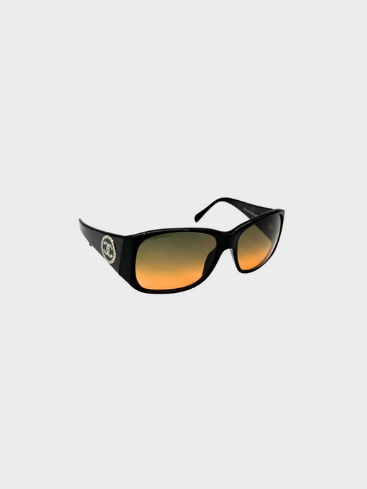 Chanel 2000s Black Coco Mark Faux Pearl Sunglasses