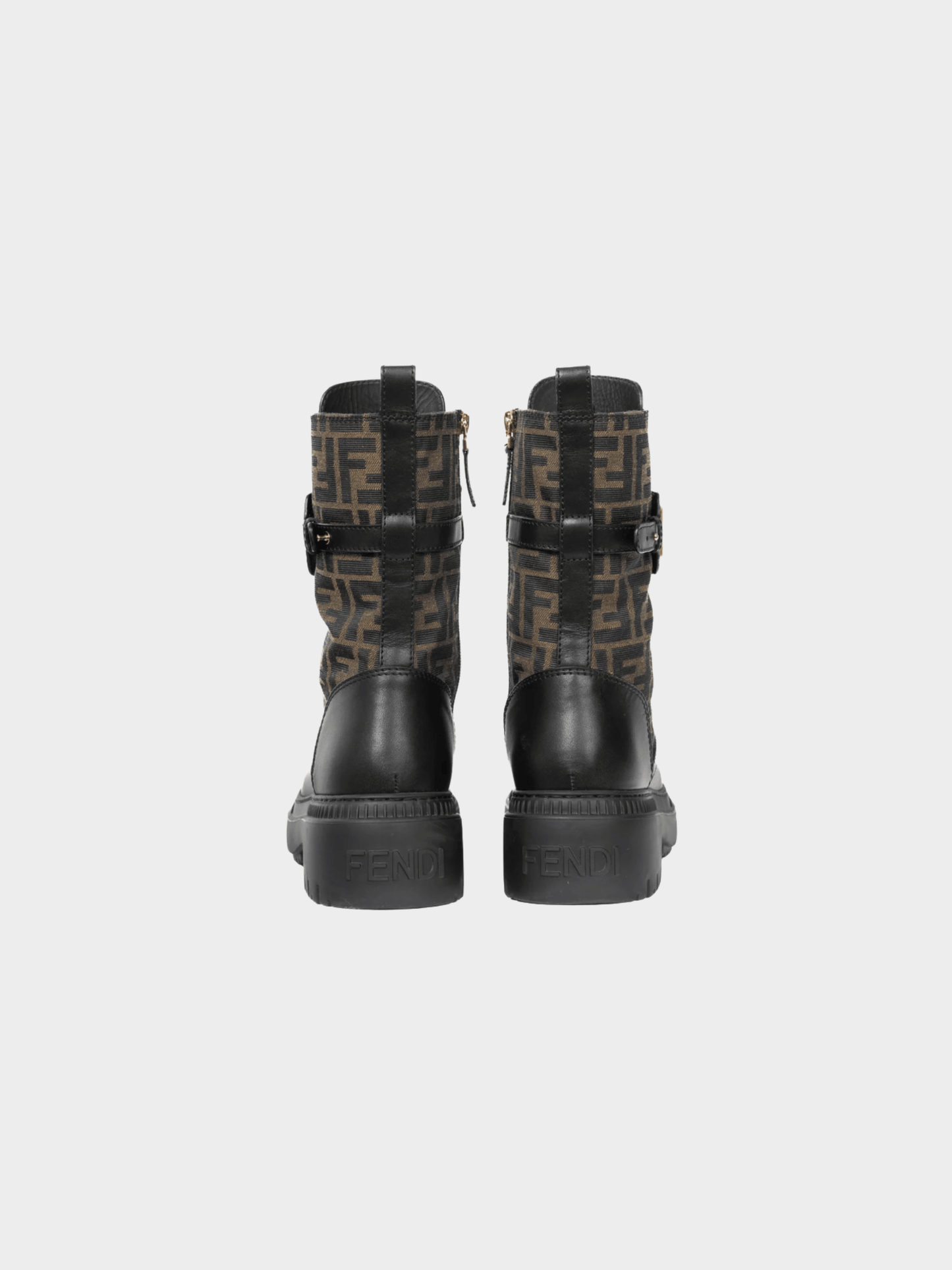 Fendi 2020s Fendigraphy Black Leather and Brown FF Pattern Combat Boots